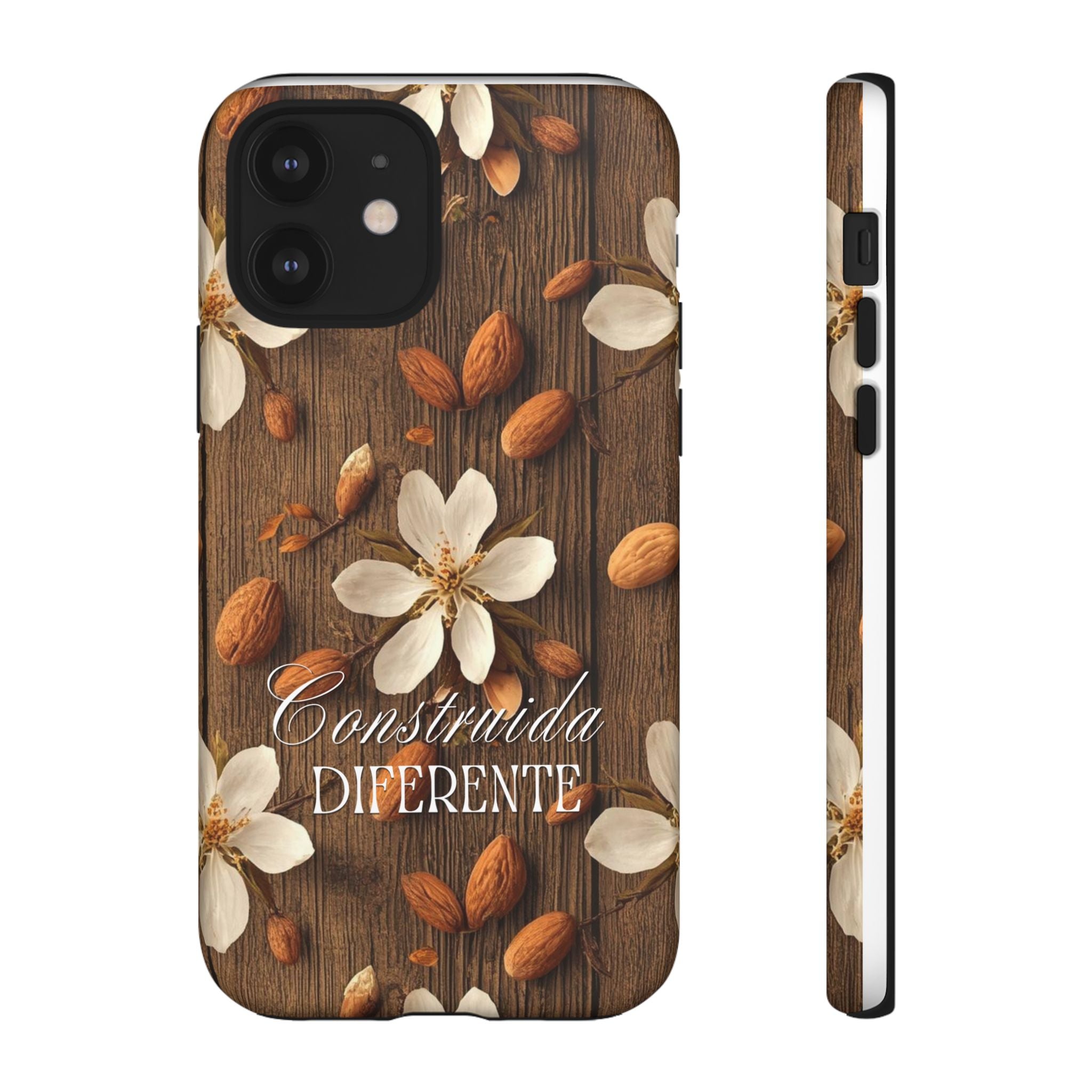 Phone Case — Floral Almond Wood Design with "Construida Diferente"