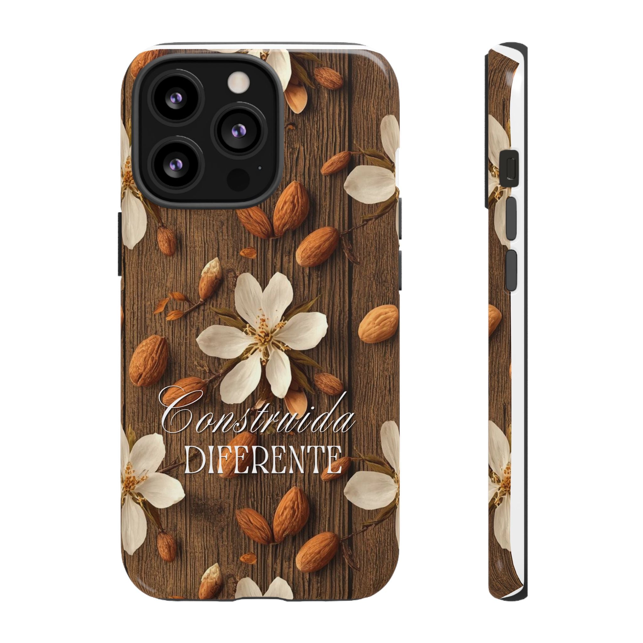 Phone Case — Floral Almond Wood Design with "Construida Diferente"
