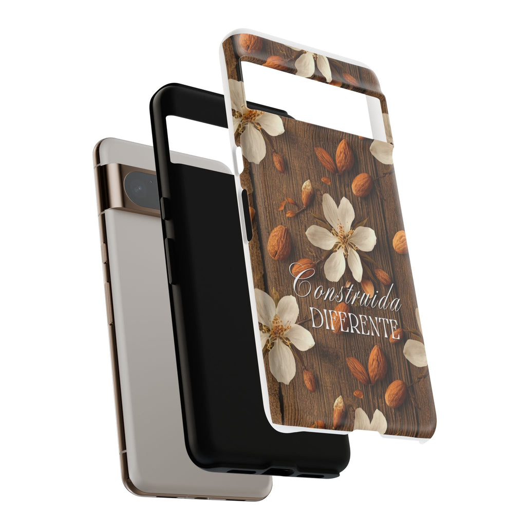 Phone Case — Floral Almond Wood Design with "Construida Diferente"