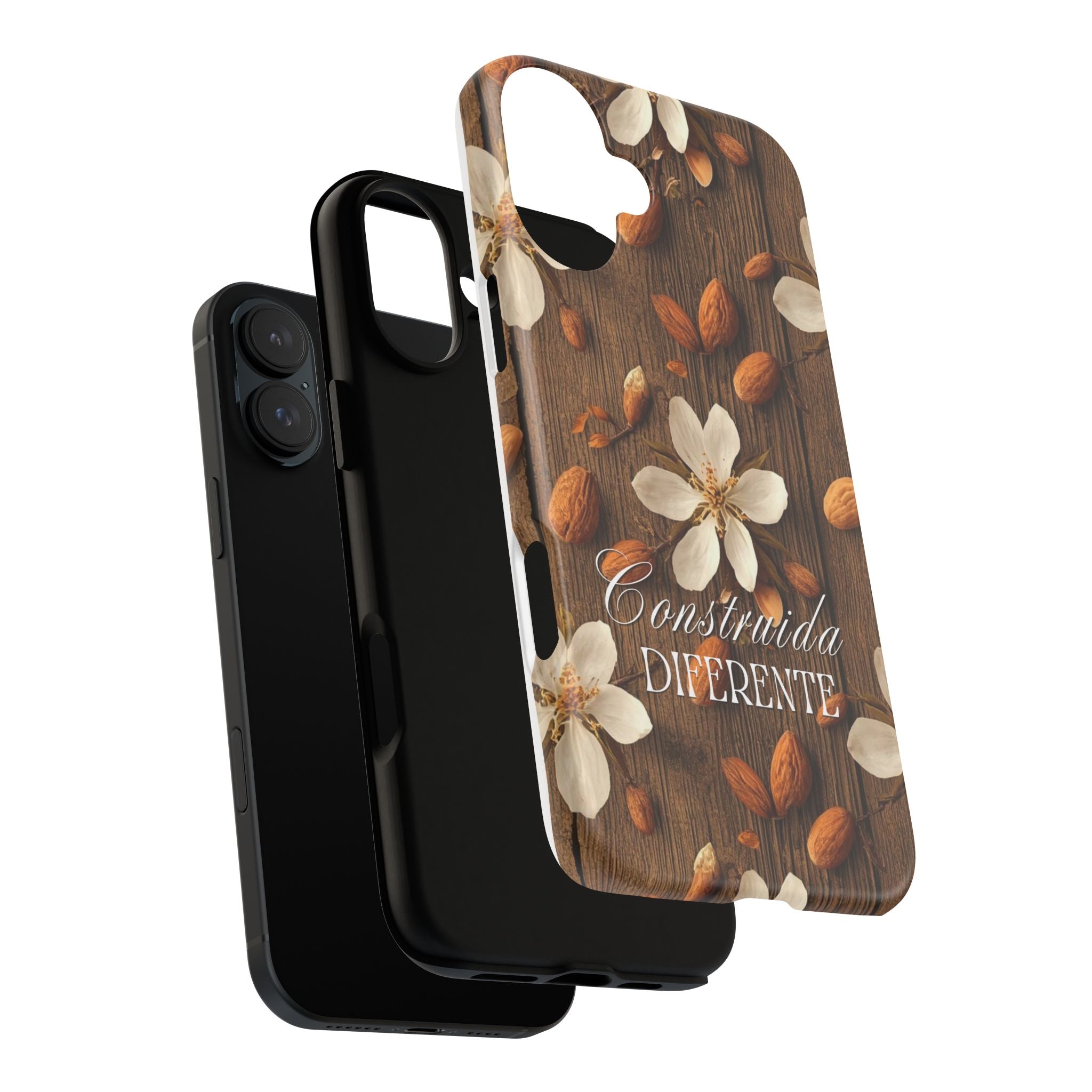 Phone Case — Floral Almond Wood Design with "Construida Diferente"