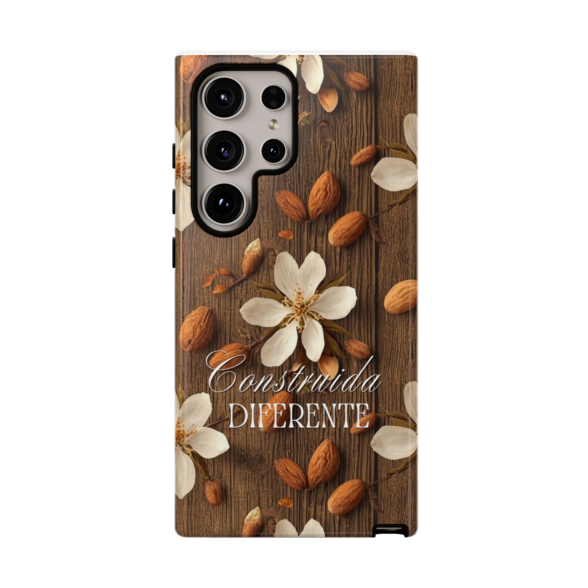 Phone Case — Floral Almond Wood Design with "Construida Diferente"
