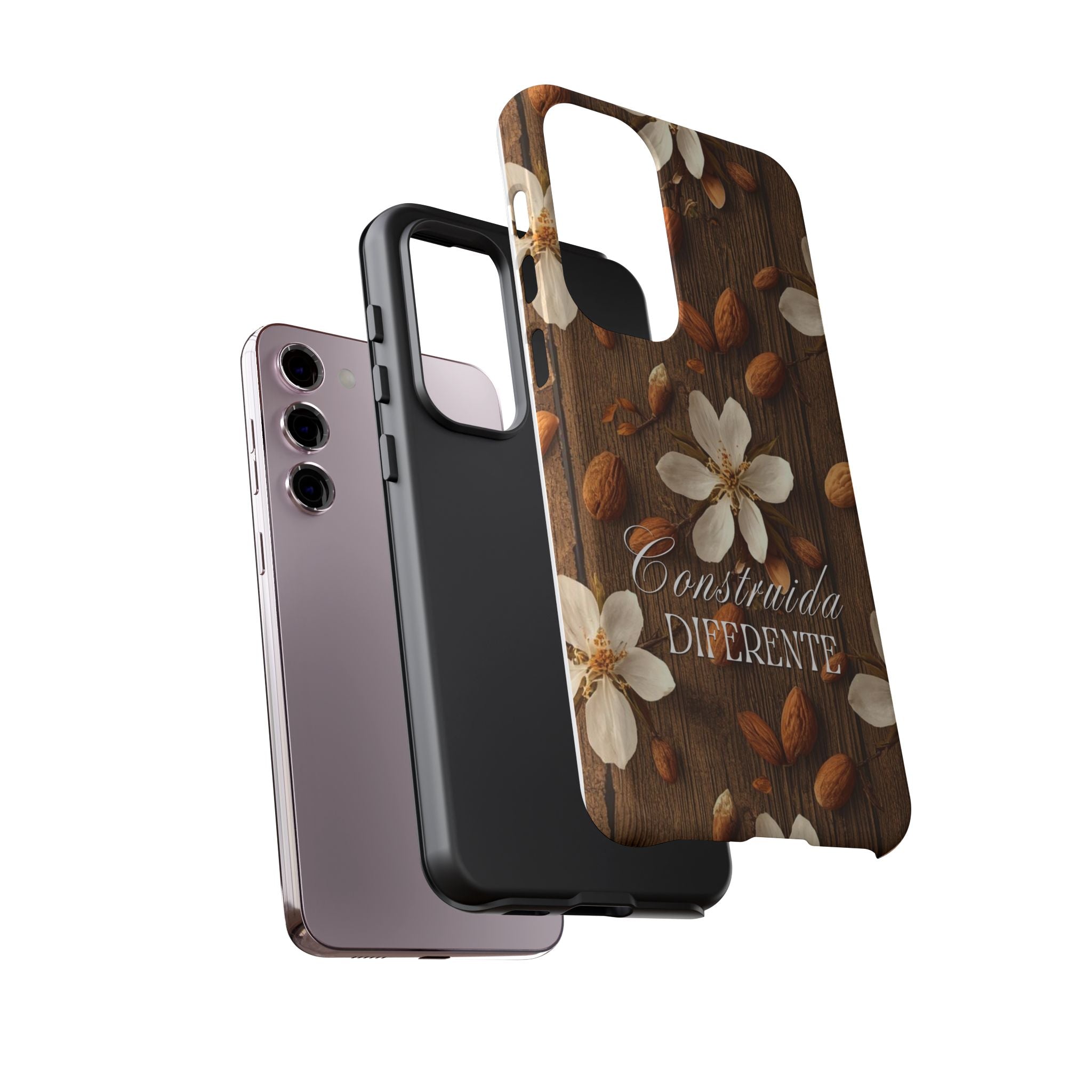 Phone Case — Floral Almond Wood Design with "Construida Diferente"