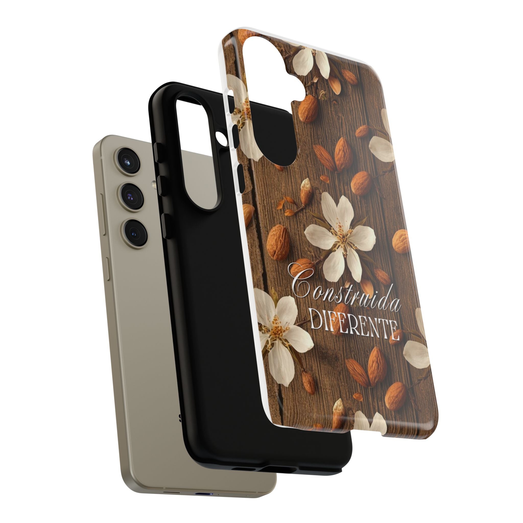 Phone Case — Floral Almond Wood Design with "Construida Diferente"