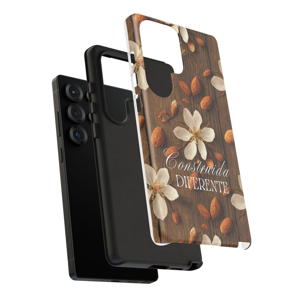 Phone Case — Floral Almond Wood Design with "Construida Diferente"