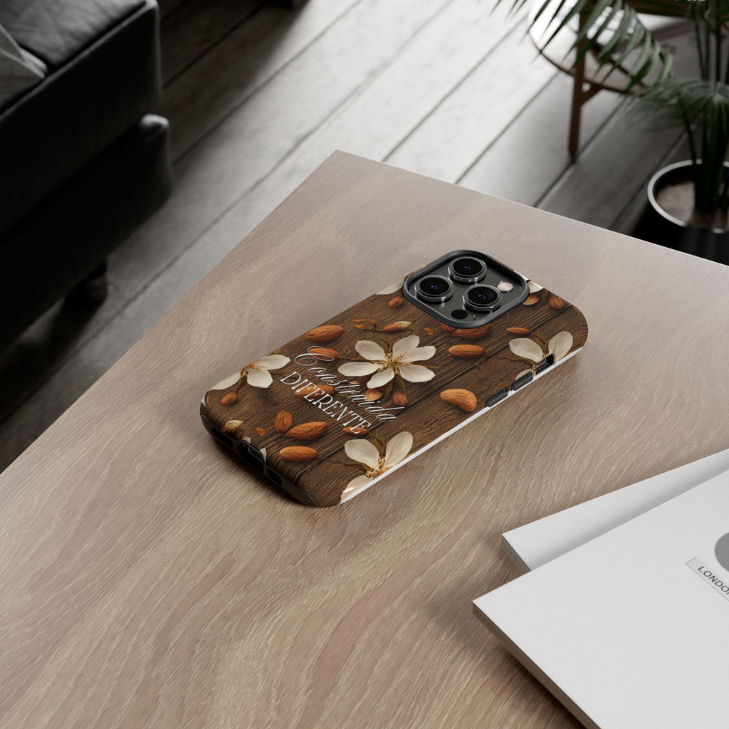 Phone Case — Floral Almond Wood Design with "Construida Diferente"