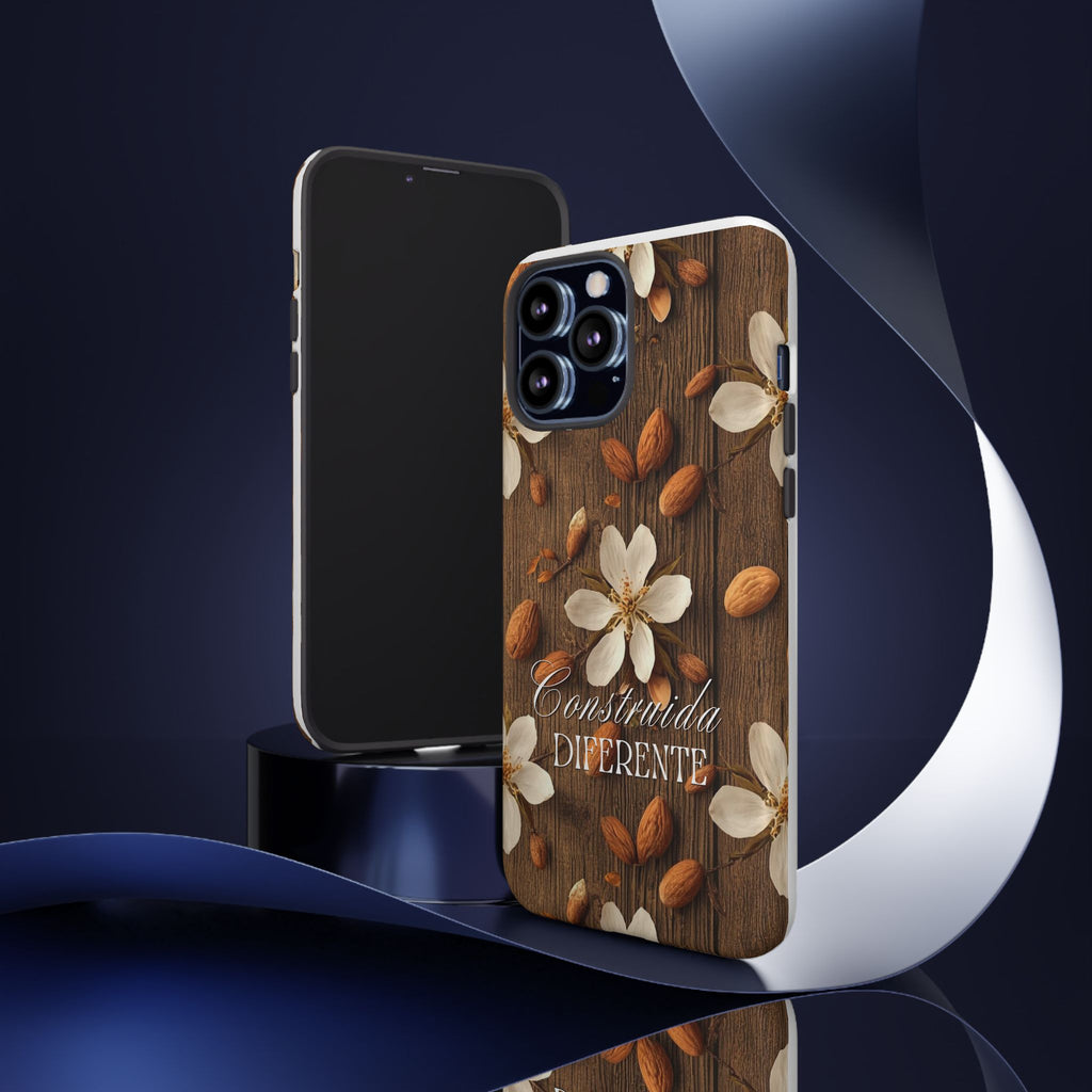 Phone Case — Floral Almond Wood Design with "Construida Diferente"
