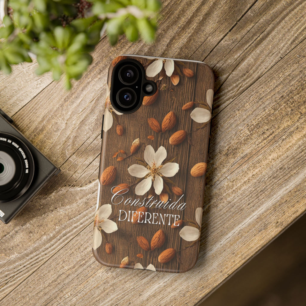 Phone Case — Floral Almond Wood Design with "Construida Diferente"