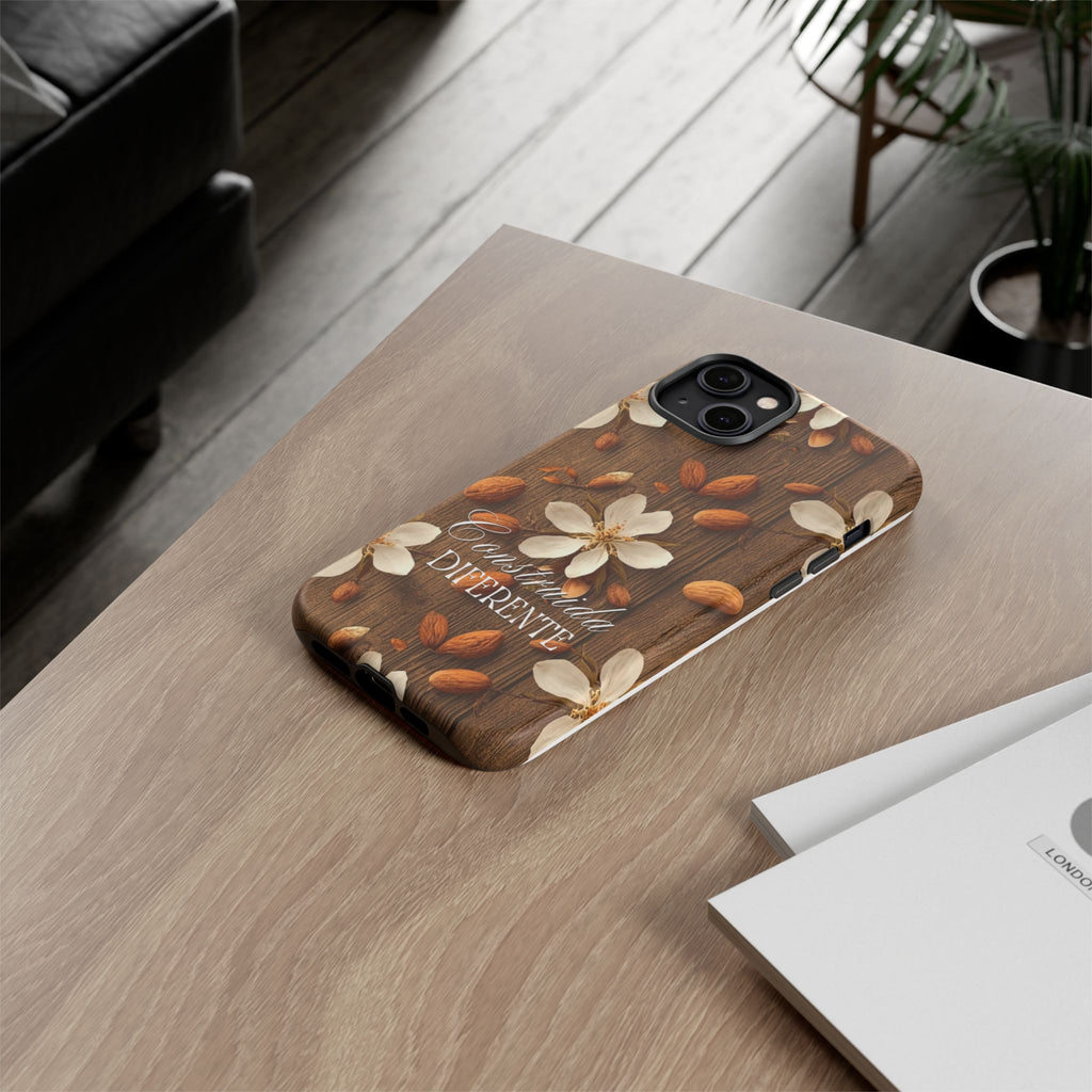 Phone Case — Floral Almond Wood Design with "Construida Diferente"