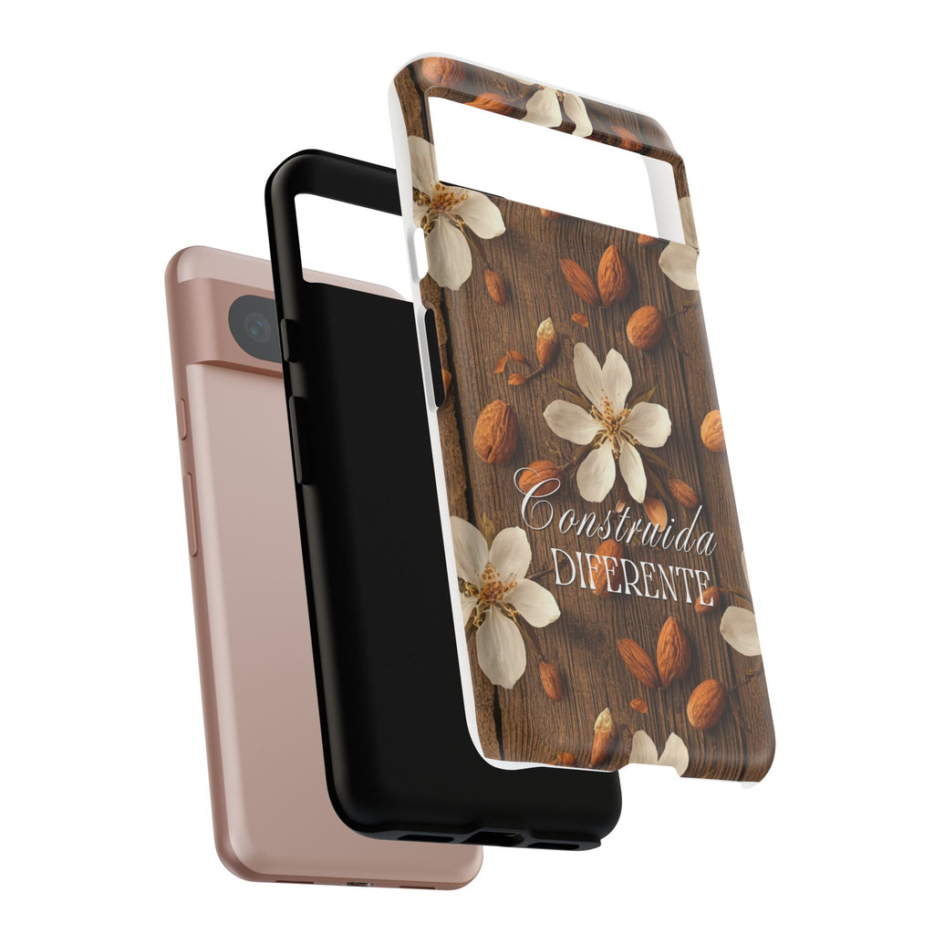 Phone Case — Floral Almond Wood Design with "Construida Diferente"