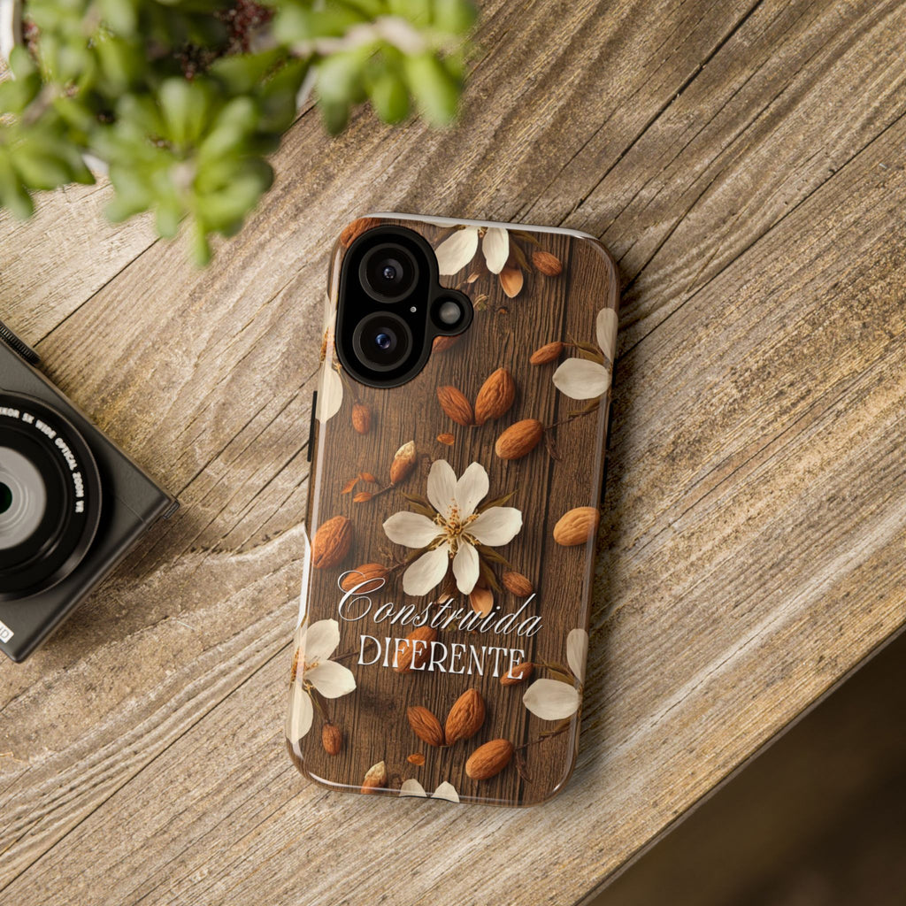 Phone Case — Floral Almond Wood Design with "Construida Diferente"