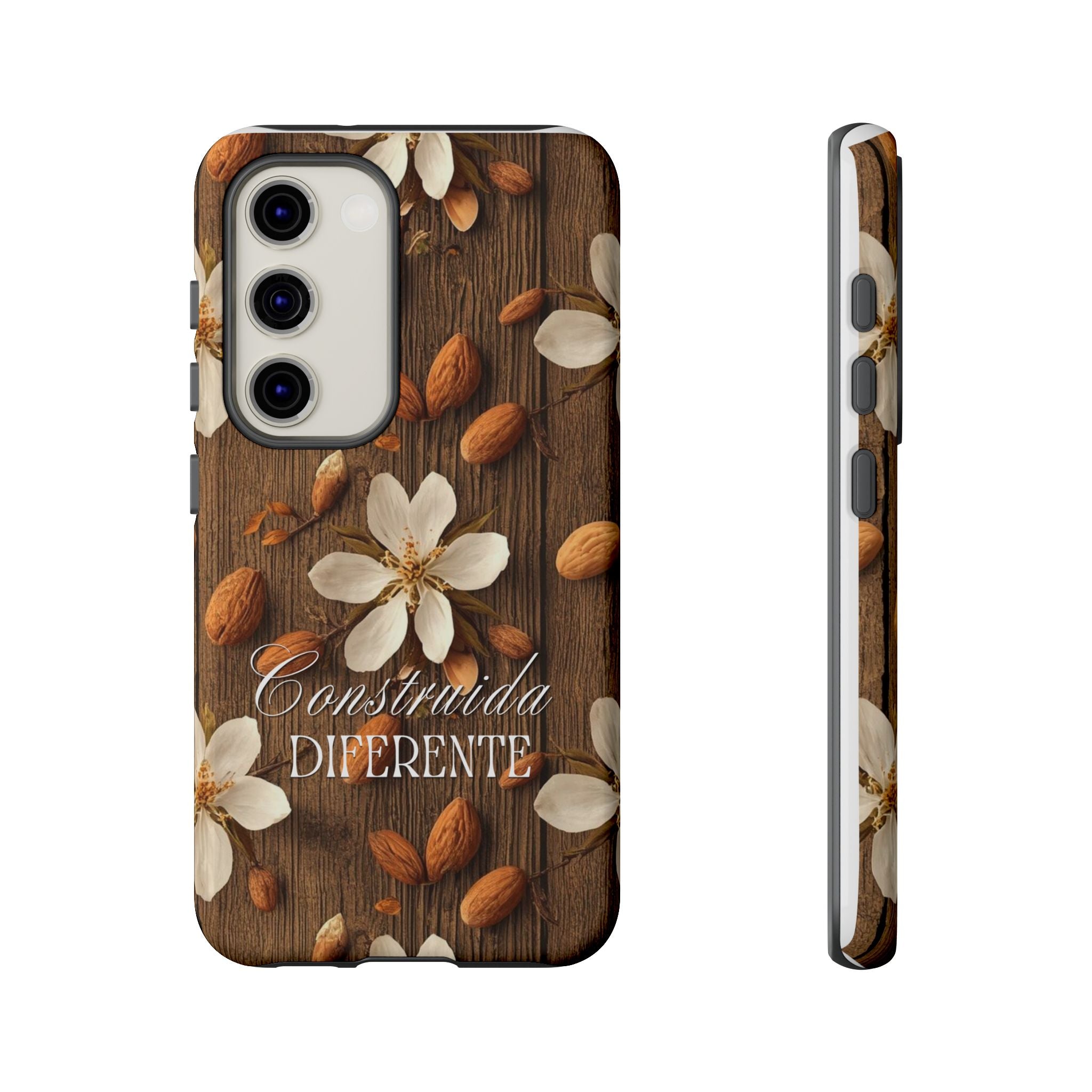 Phone Case — Floral Almond Wood Design with "Construida Diferente"