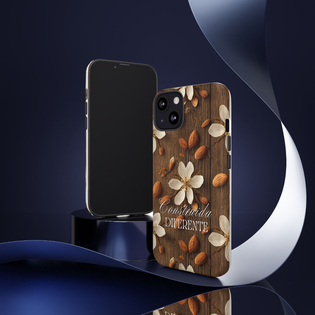 Phone Case — Floral Almond Wood Design with "Construida Diferente"