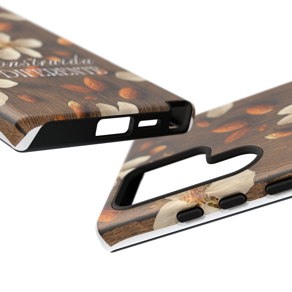 Phone Case — Floral Almond Wood Design with "Construida Diferente"