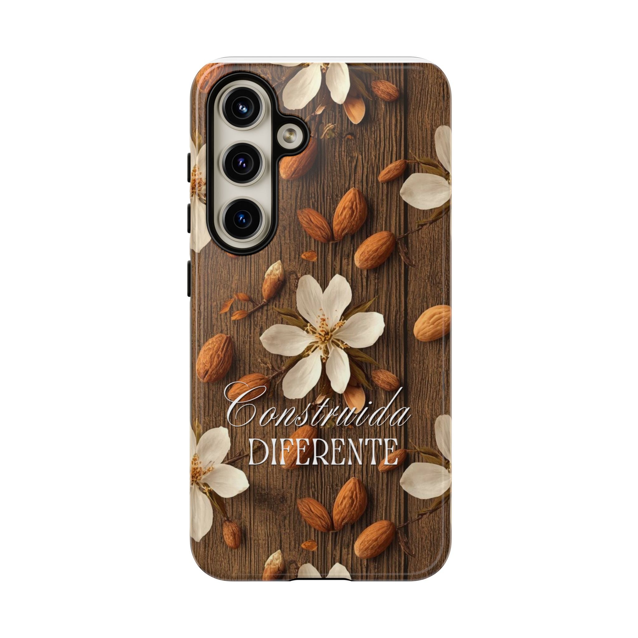Phone Case — Floral Almond Wood Design with "Construida Diferente"