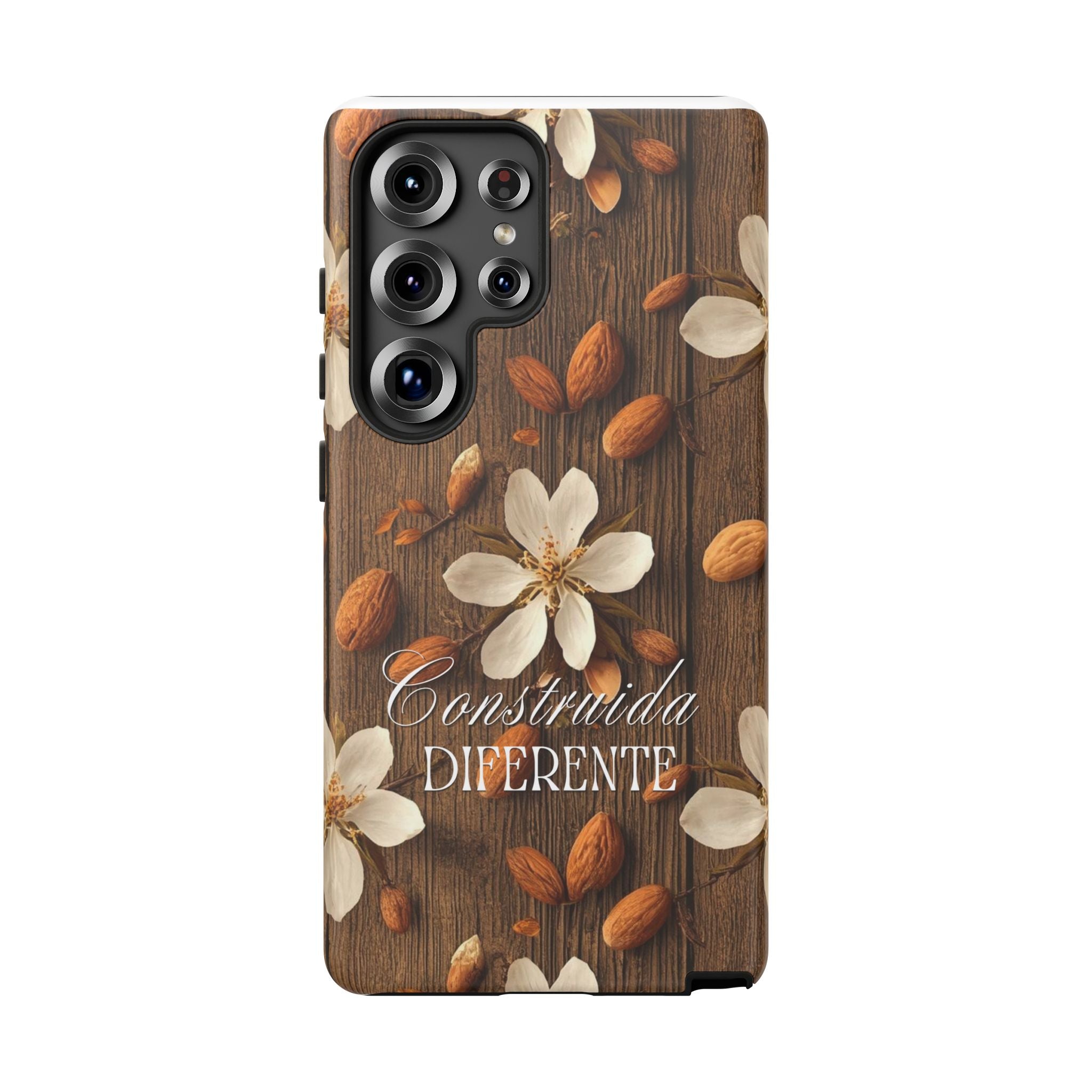 Phone Case — Floral Almond Wood Design with "Construida Diferente"