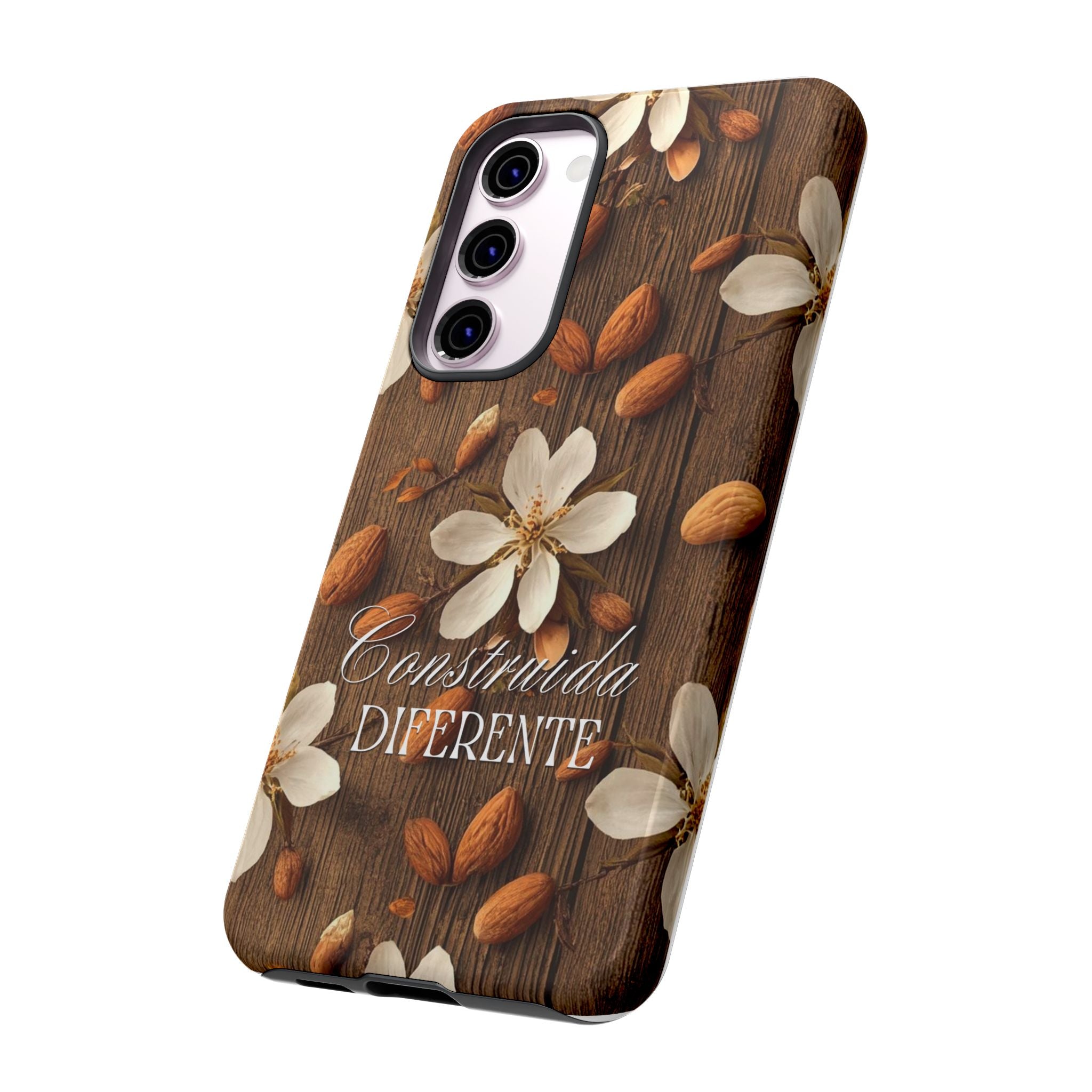 Phone Case — Floral Almond Wood Design with "Construida Diferente"