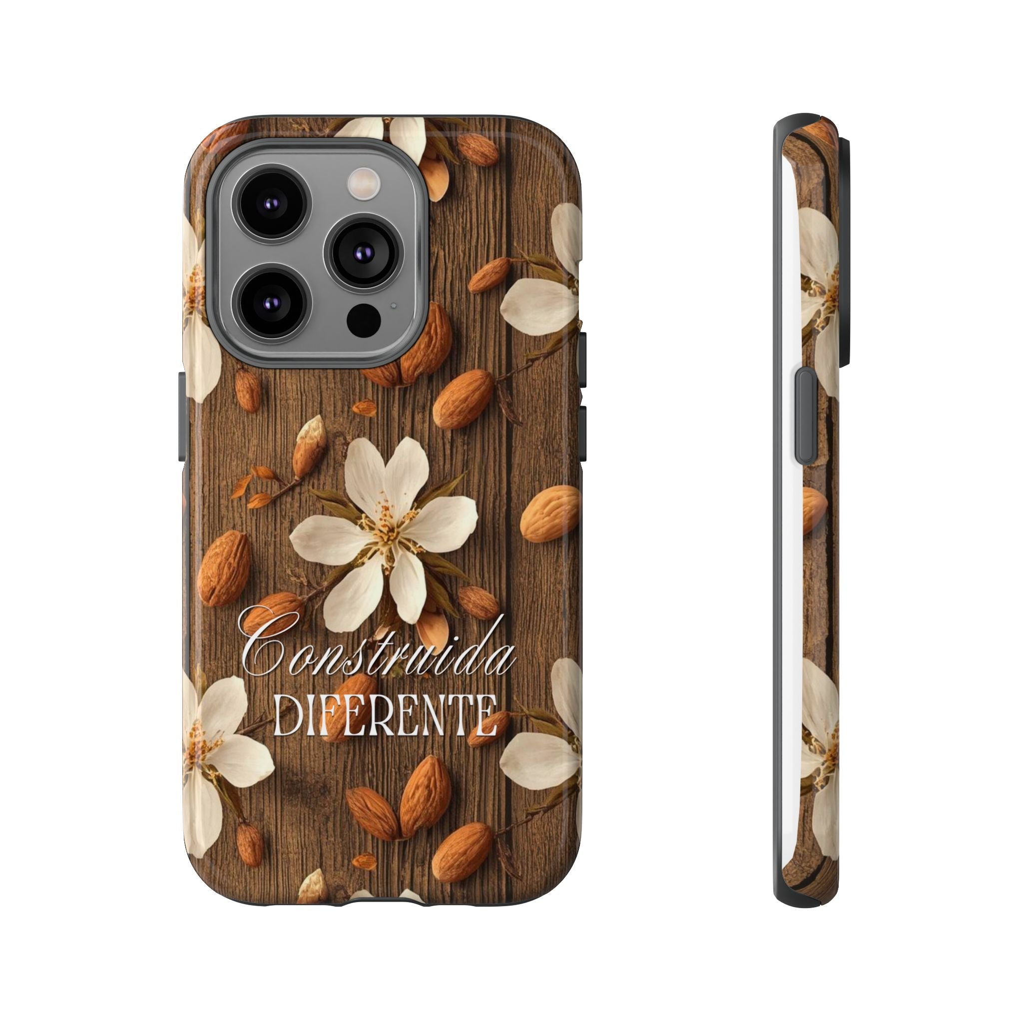 Phone Case — Floral Almond Wood Design with "Construida Diferente"