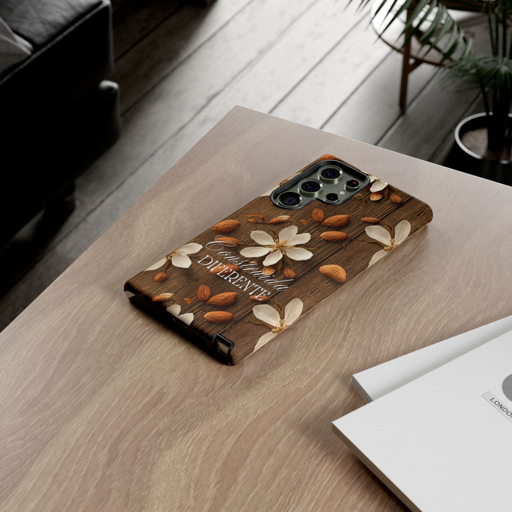 Phone Case — Floral Almond Wood Design with "Construida Diferente"