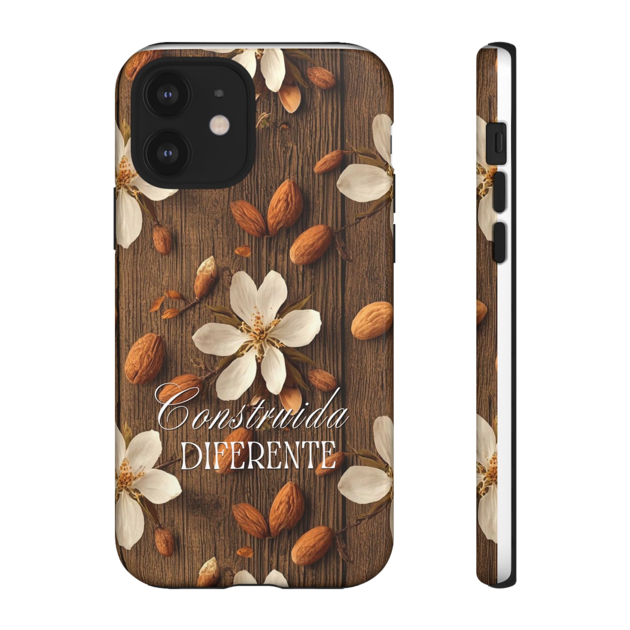 Phone Case — Floral Almond Wood Design with "Construida Diferente"