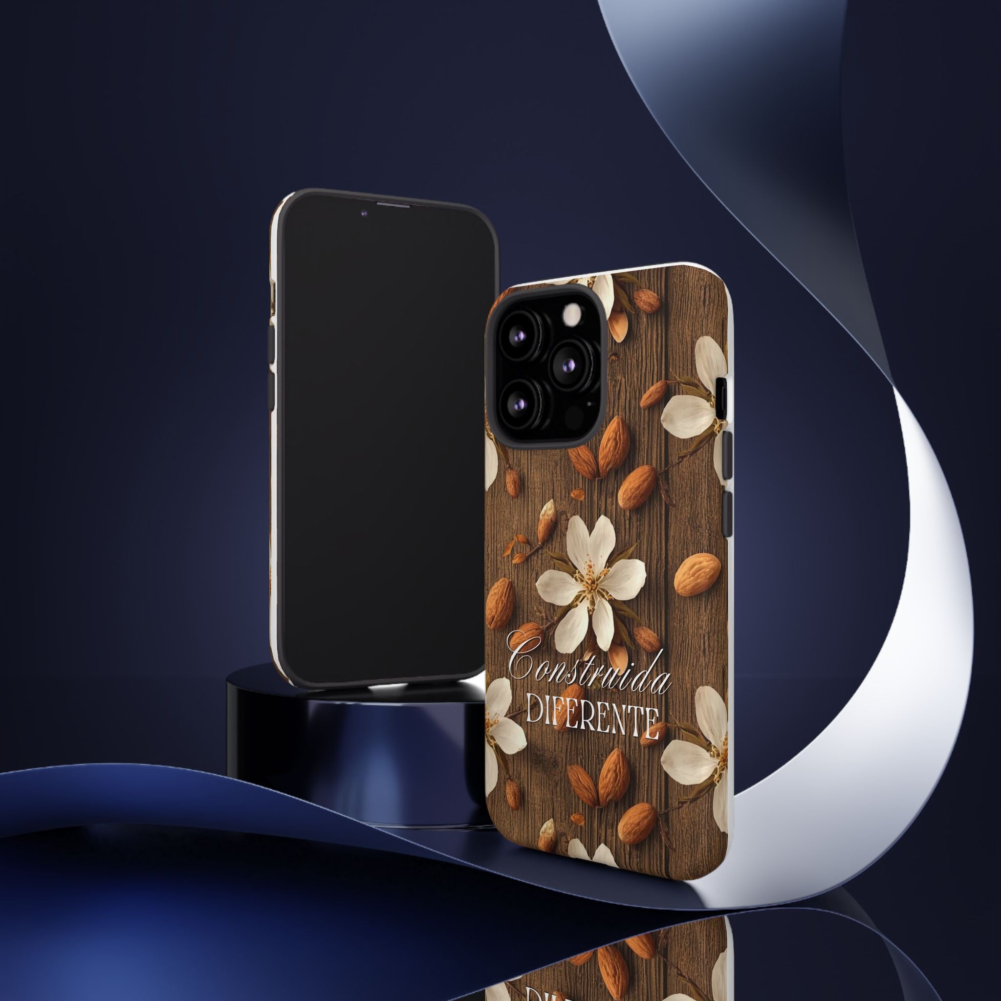 Phone Case — Floral Almond Wood Design with "Construida Diferente"