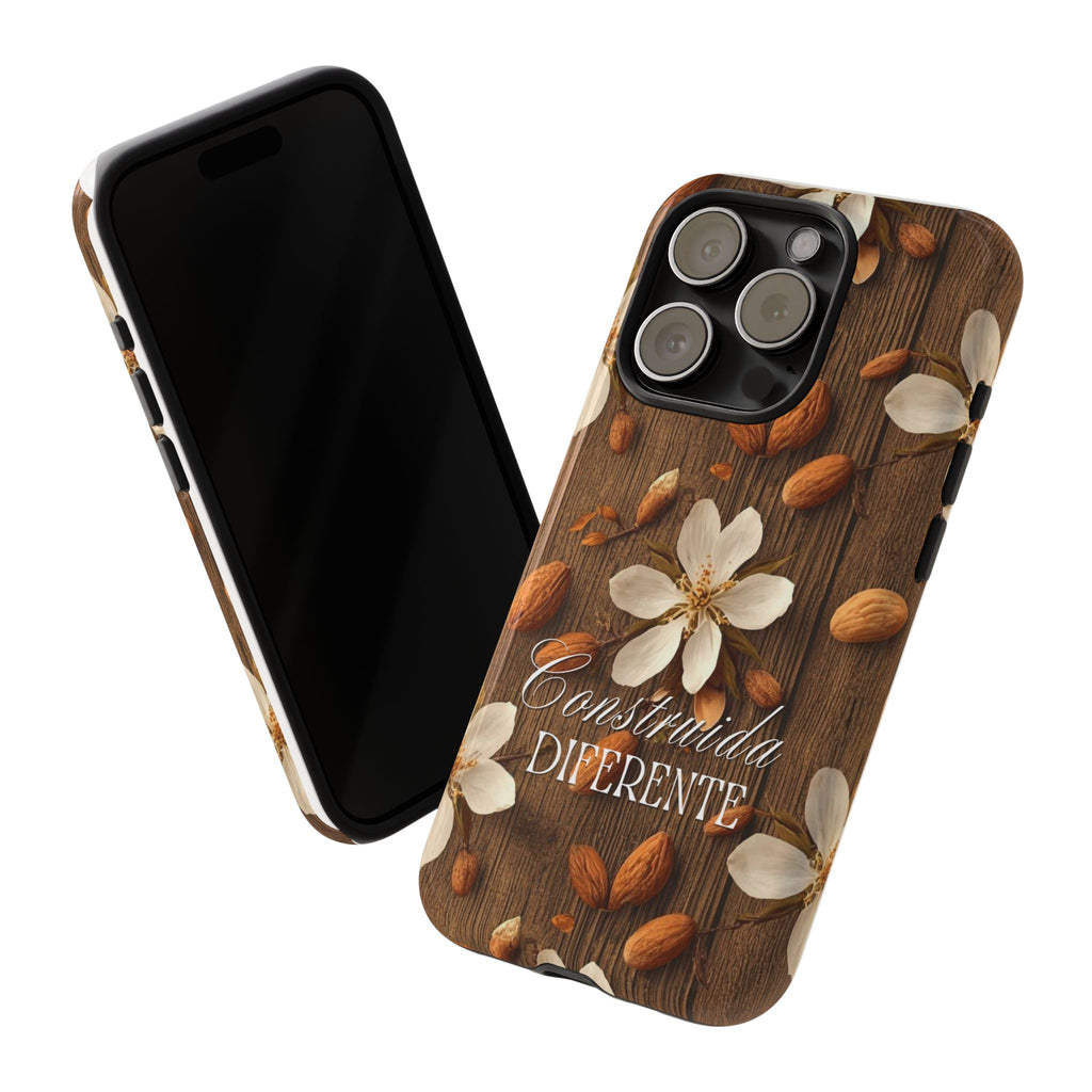 Phone Case — Floral Almond Wood Design with "Construida Diferente"