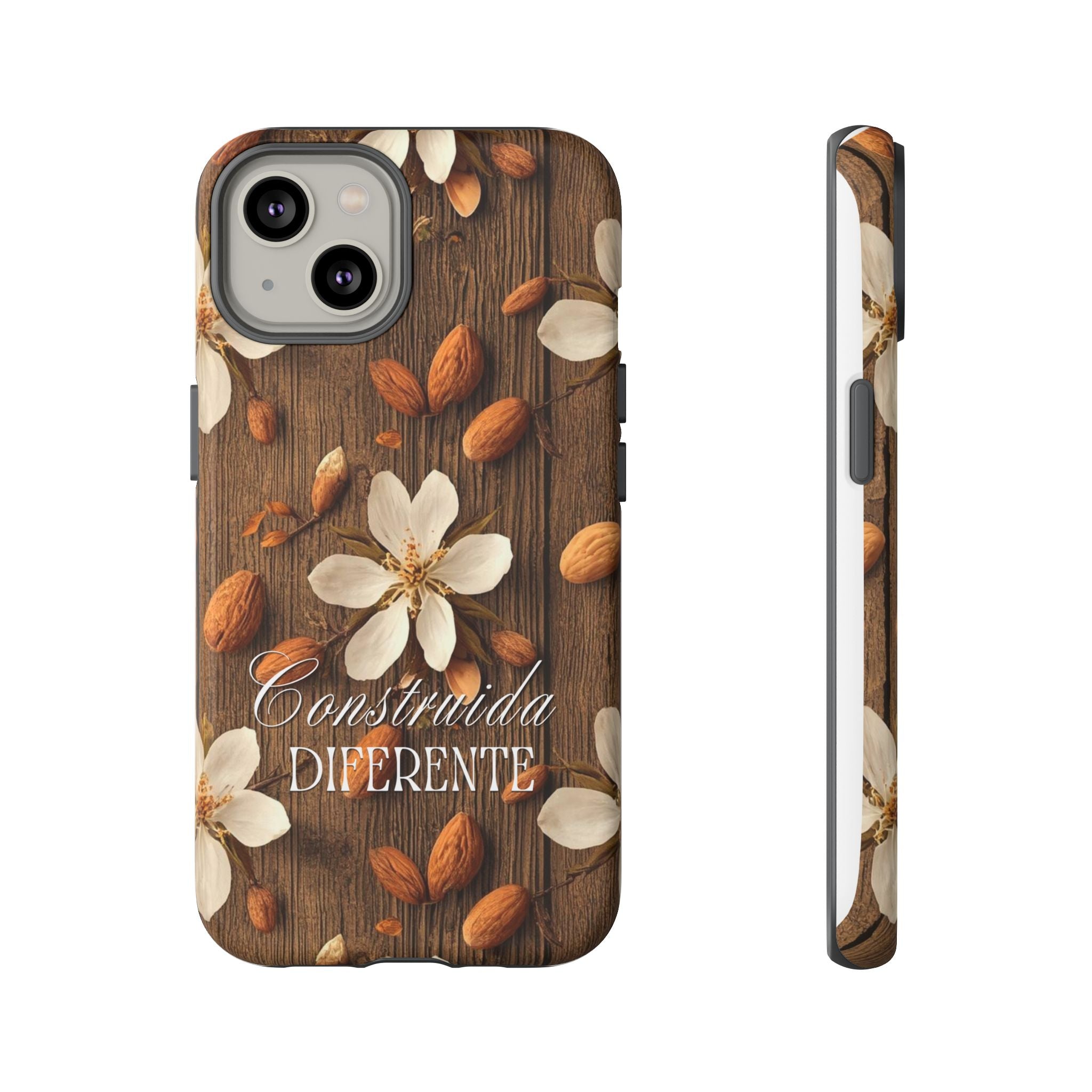 Phone Case — Floral Almond Wood Design with "Construida Diferente"
