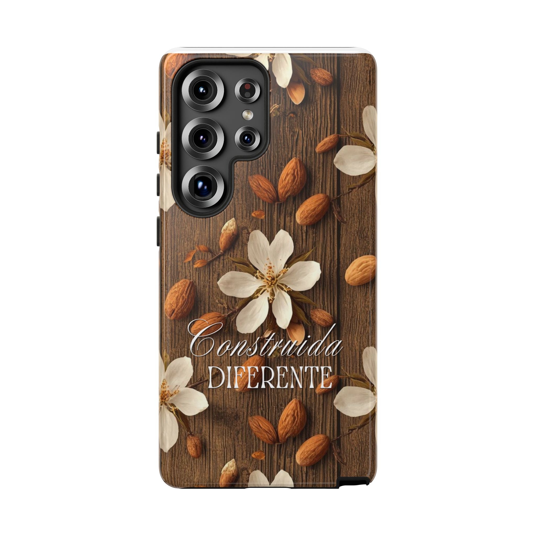 Phone Case — Floral Almond Wood Design with "Construida Diferente"
