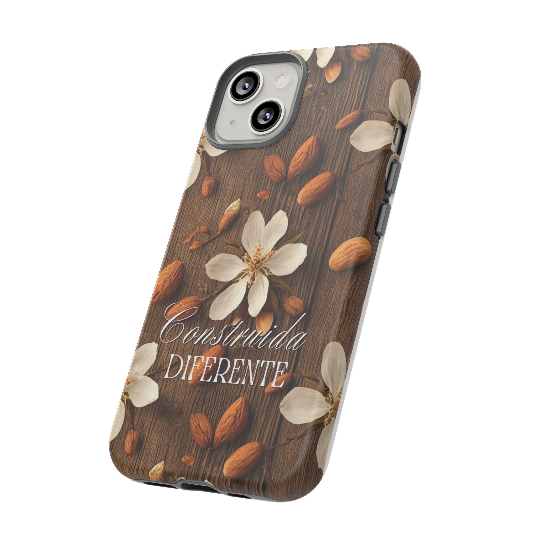 Phone Case — Floral Almond Wood Design with "Construida Diferente"