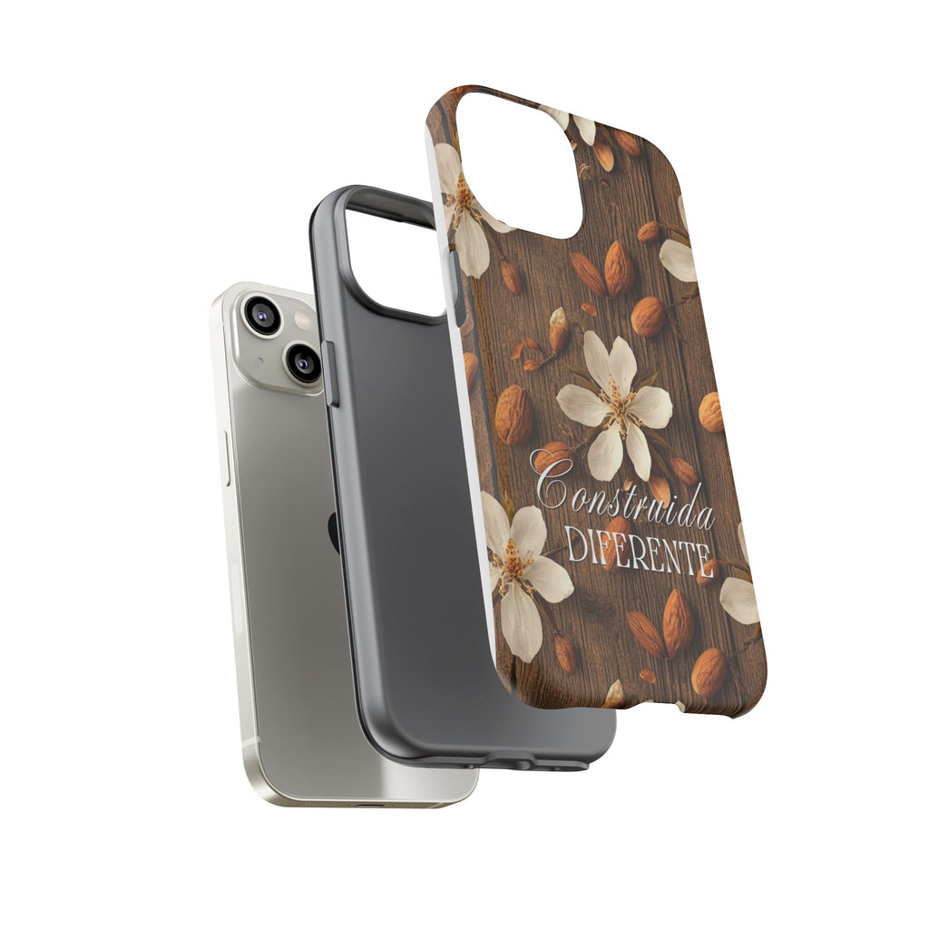 Phone Case — Floral Almond Wood Design with "Construida Diferente"