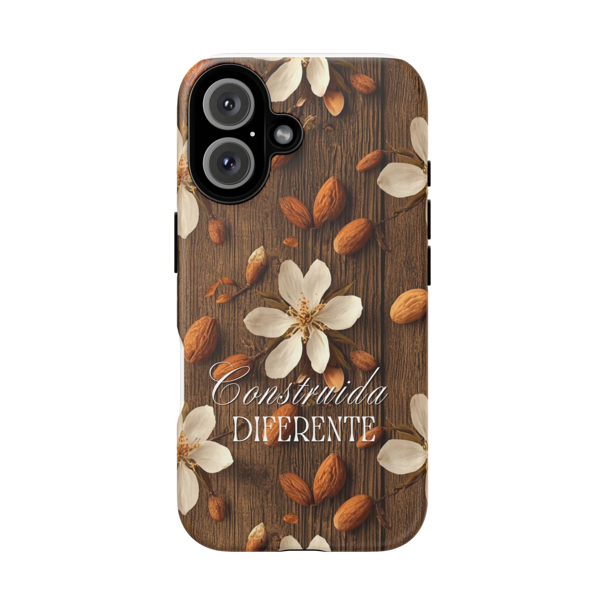 Phone Case — Floral Almond Wood Design with "Construida Diferente"