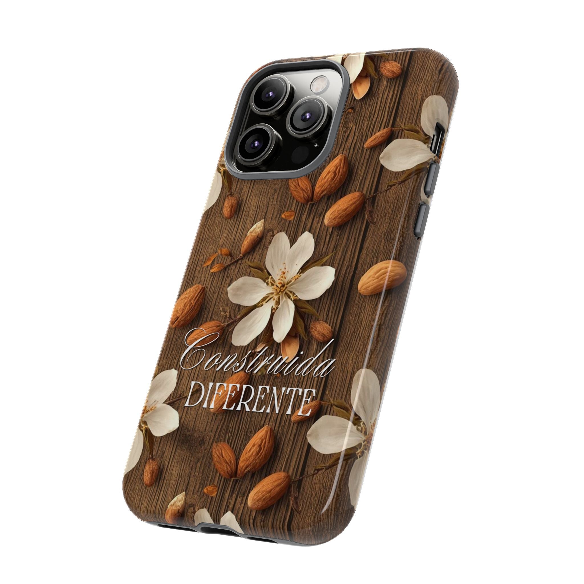 Phone Case — Floral Almond Wood Design with "Construida Diferente"
