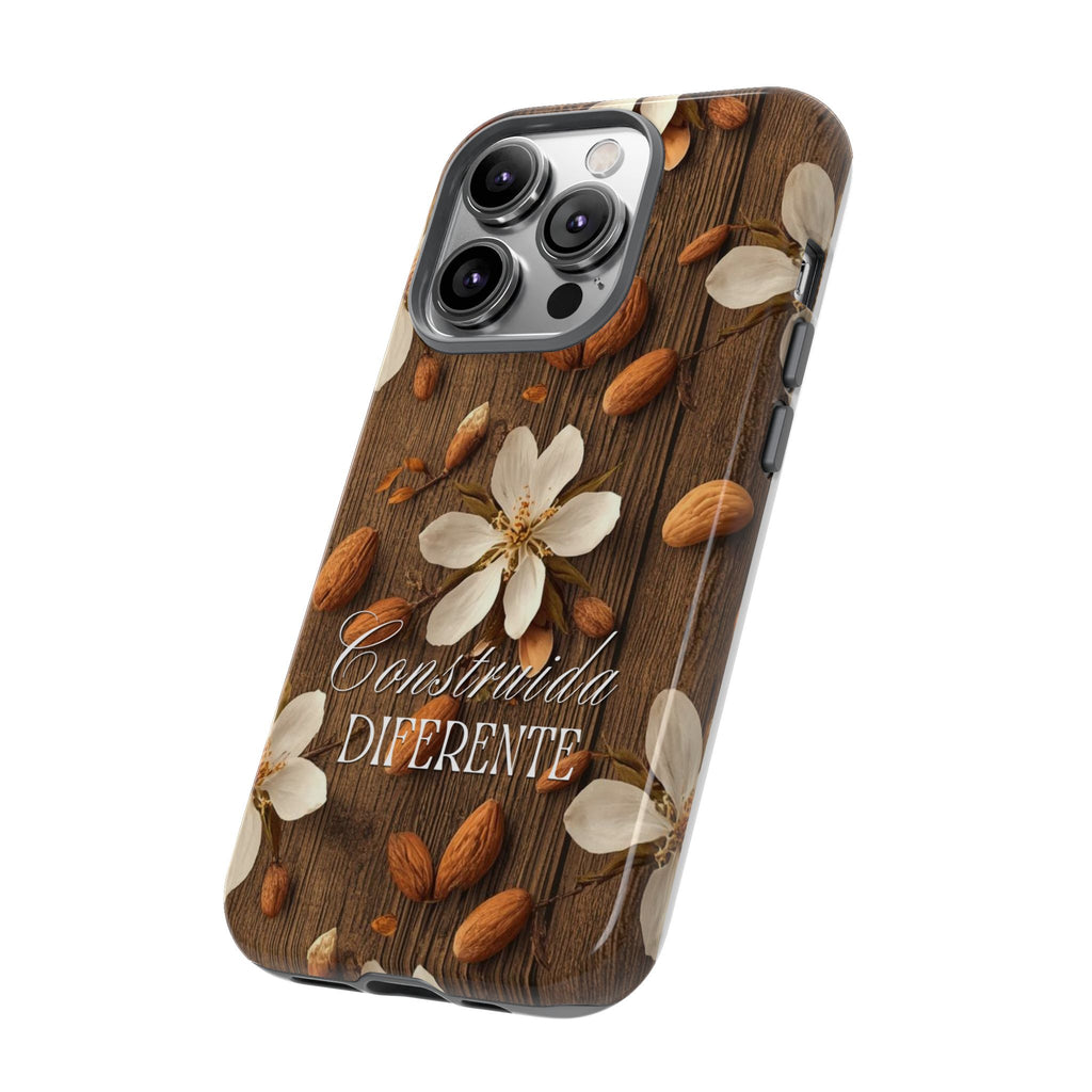 Phone Case — Floral Almond Wood Design with "Construida Diferente"