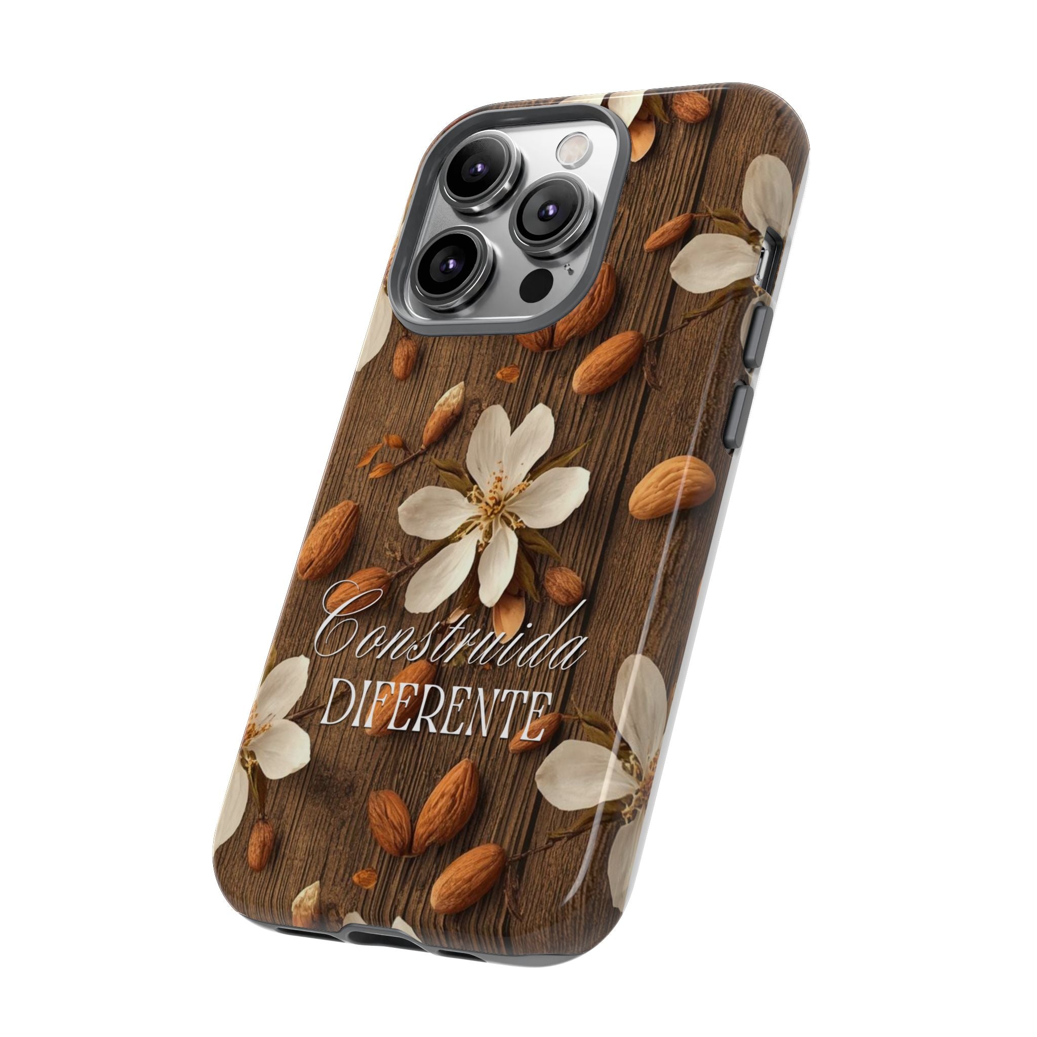 Phone Case — Floral Almond Wood Design with "Construida Diferente"