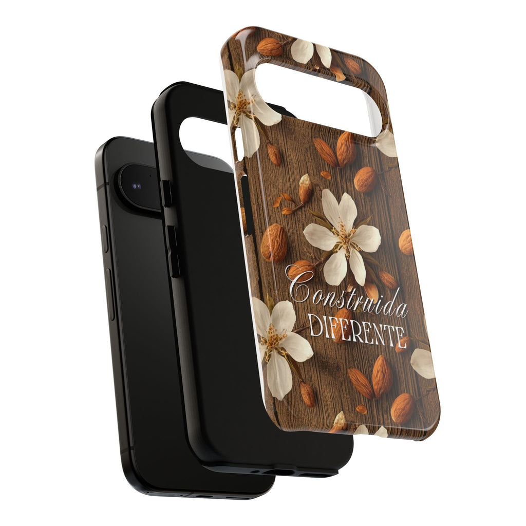 Phone Case — Floral Almond Wood Design with "Construida Diferente"