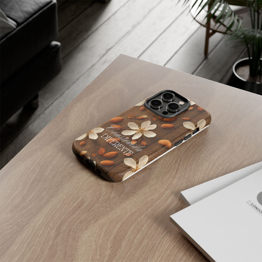 Phone Case — Floral Almond Wood Design with "Construida Diferente"