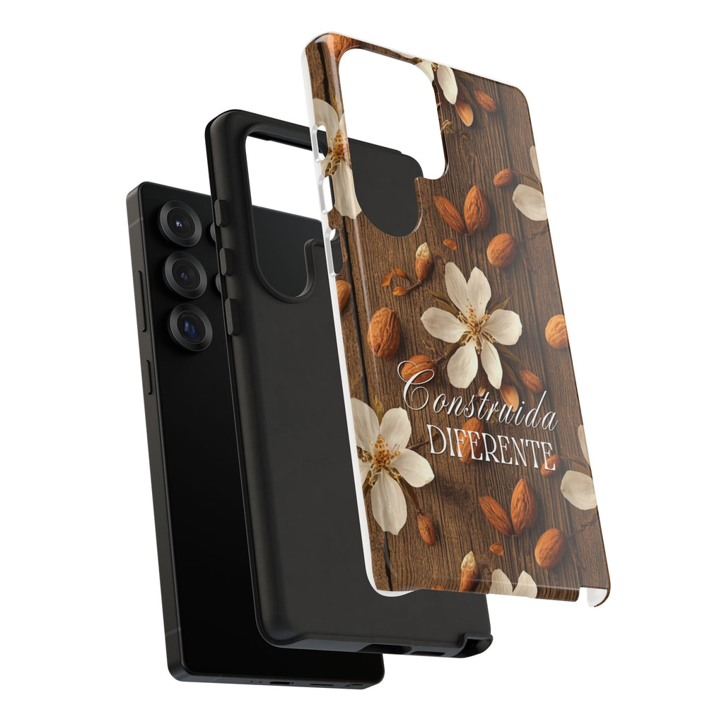 Phone Case — Floral Almond Wood Design with "Construida Diferente"