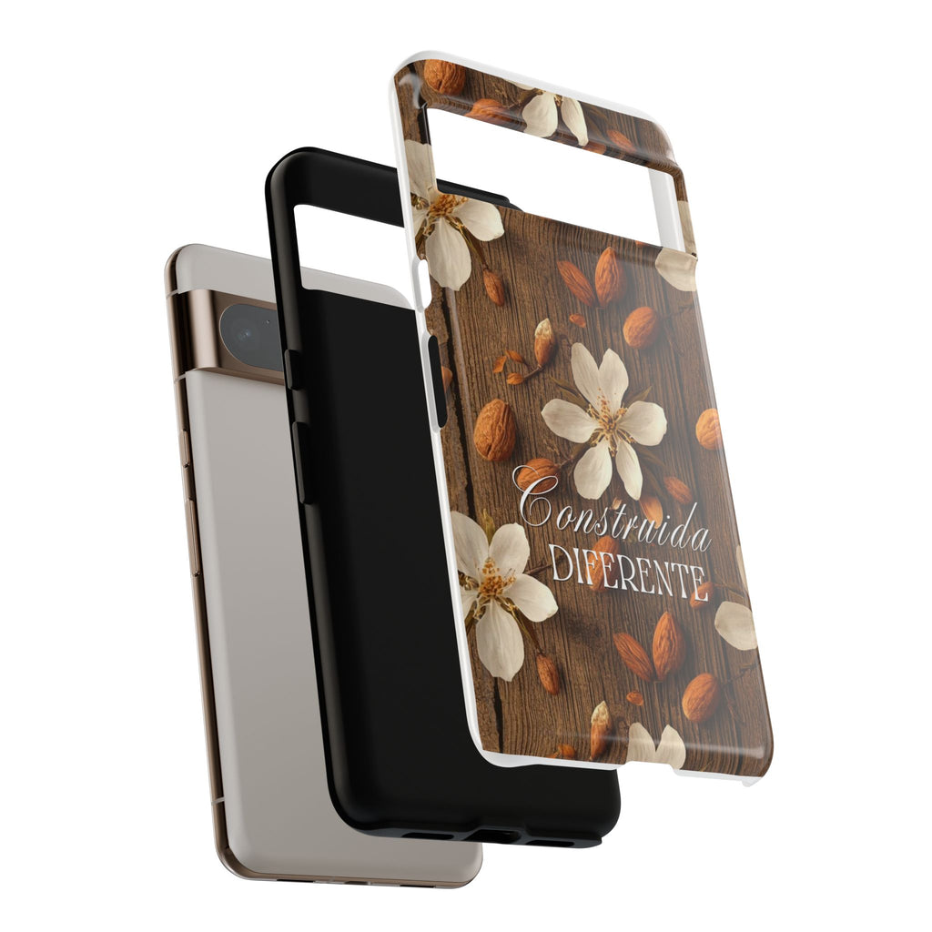 Phone Case — Floral Almond Wood Design with "Construida Diferente"
