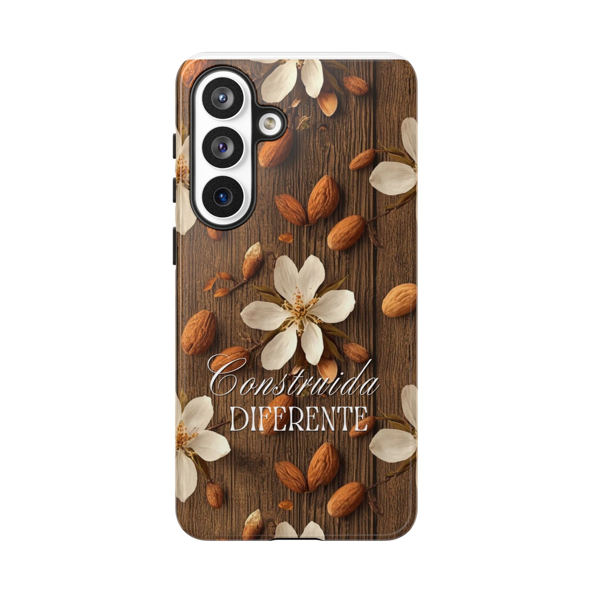 Phone Case — Floral Almond Wood Design with "Construida Diferente"