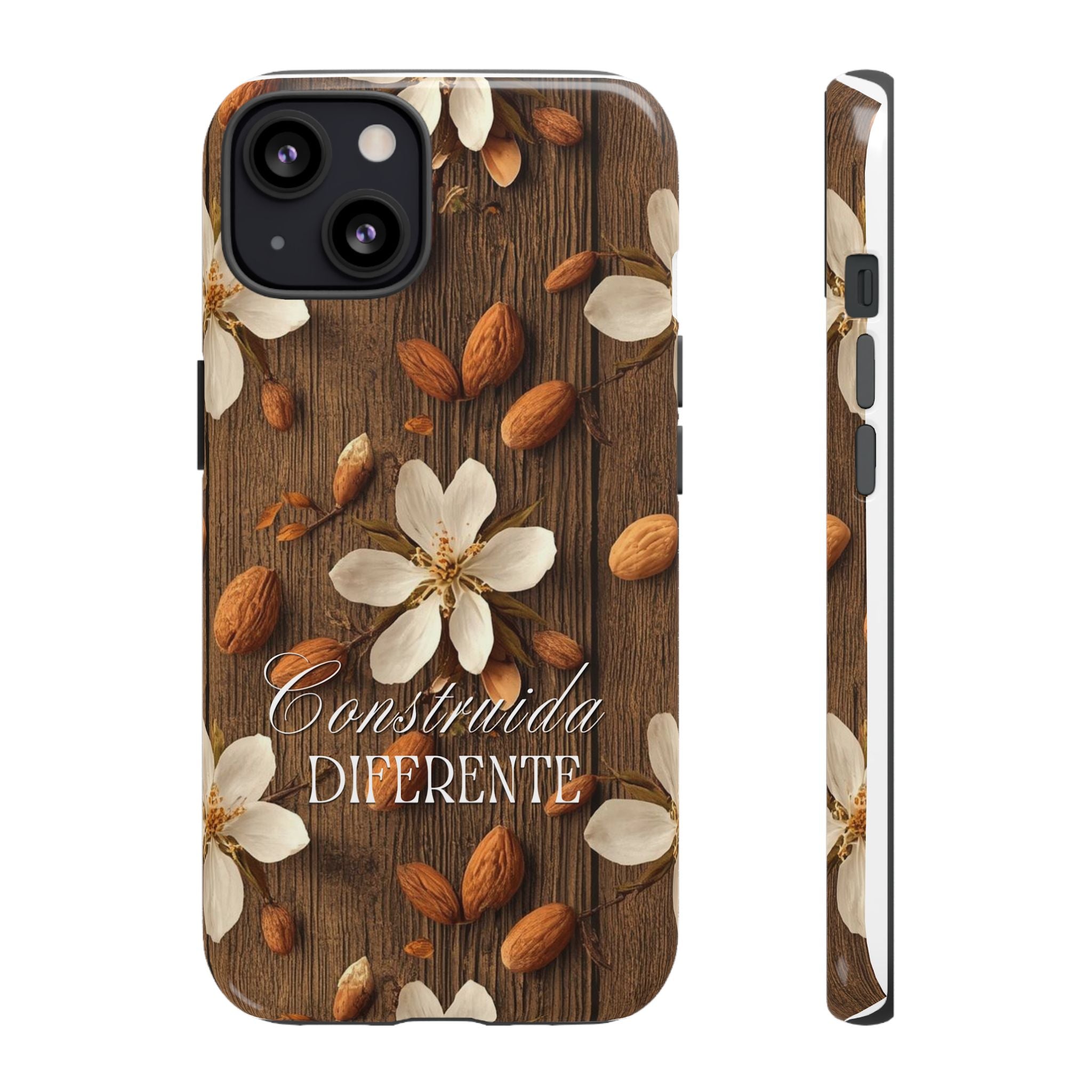 Phone Case — Floral Almond Wood Design with "Construida Diferente"
