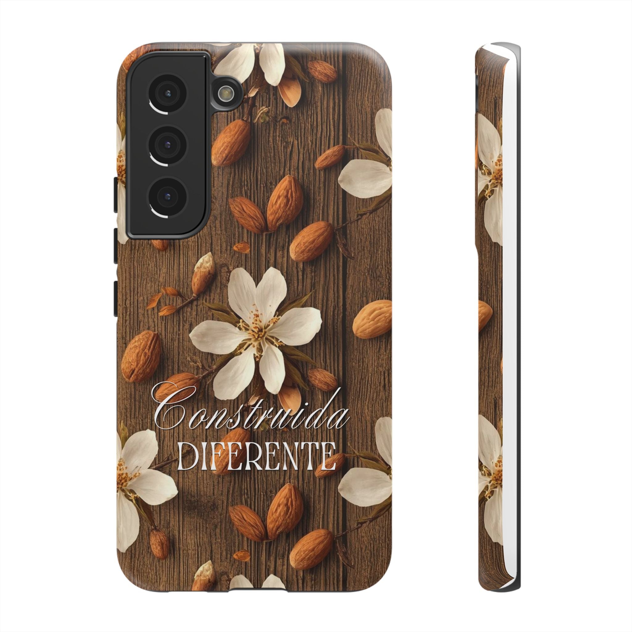Phone Case — Floral Almond Wood Design with "Construida Diferente"