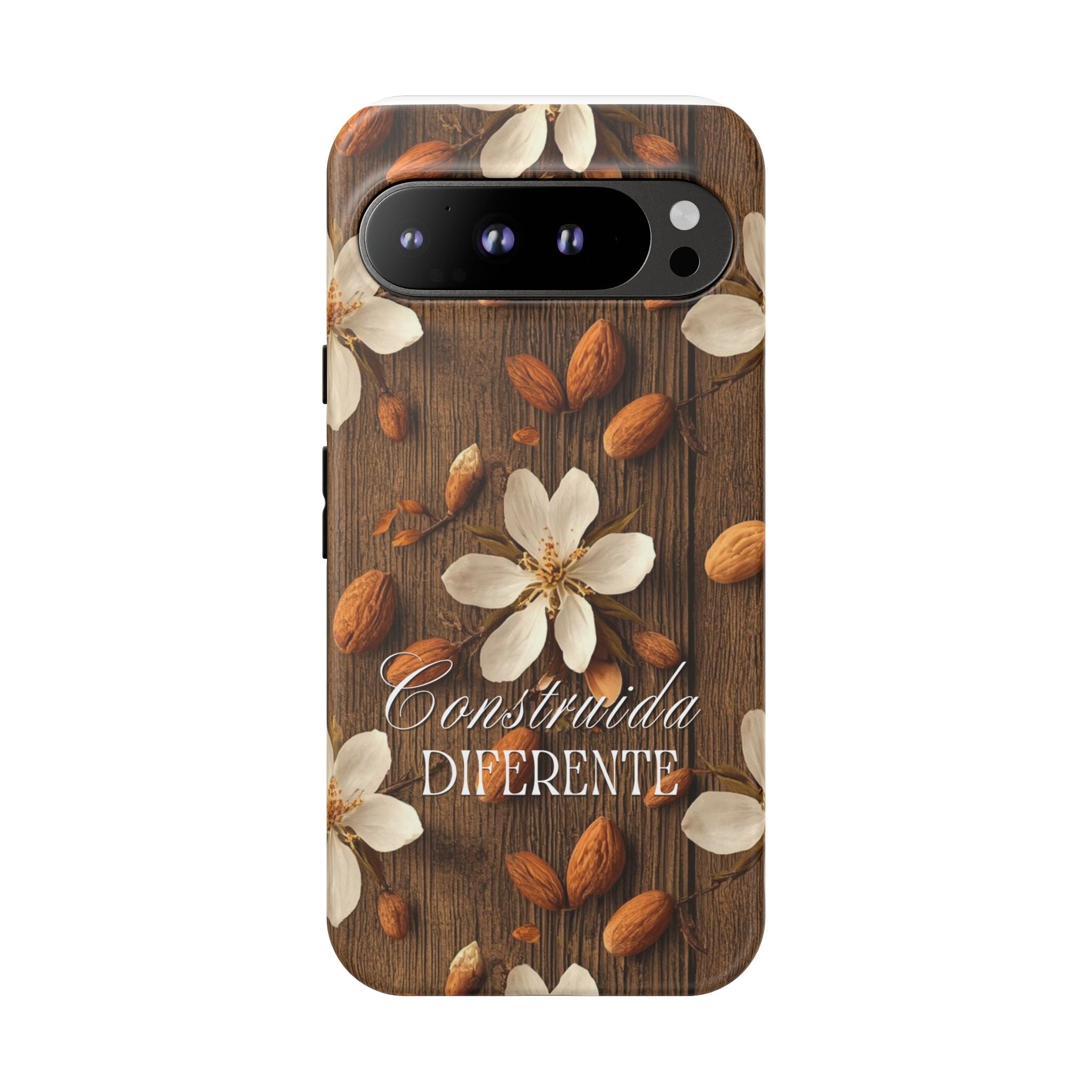Phone Case — Floral Almond Wood Design with "Construida Diferente"