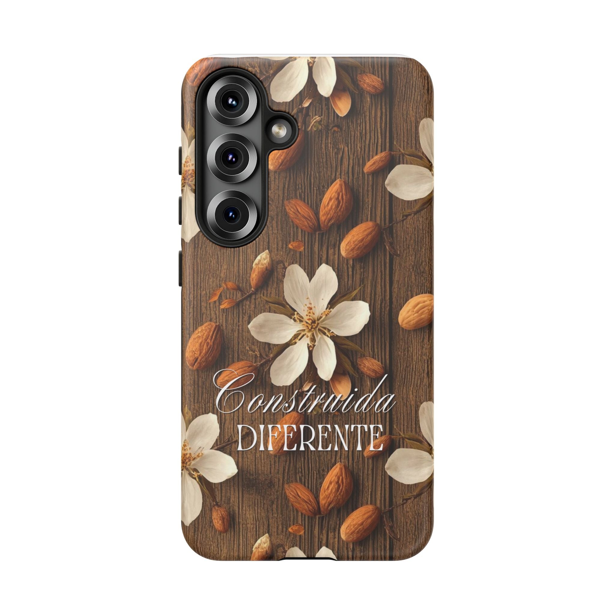 Phone Case — Floral Almond Wood Design with "Construida Diferente"