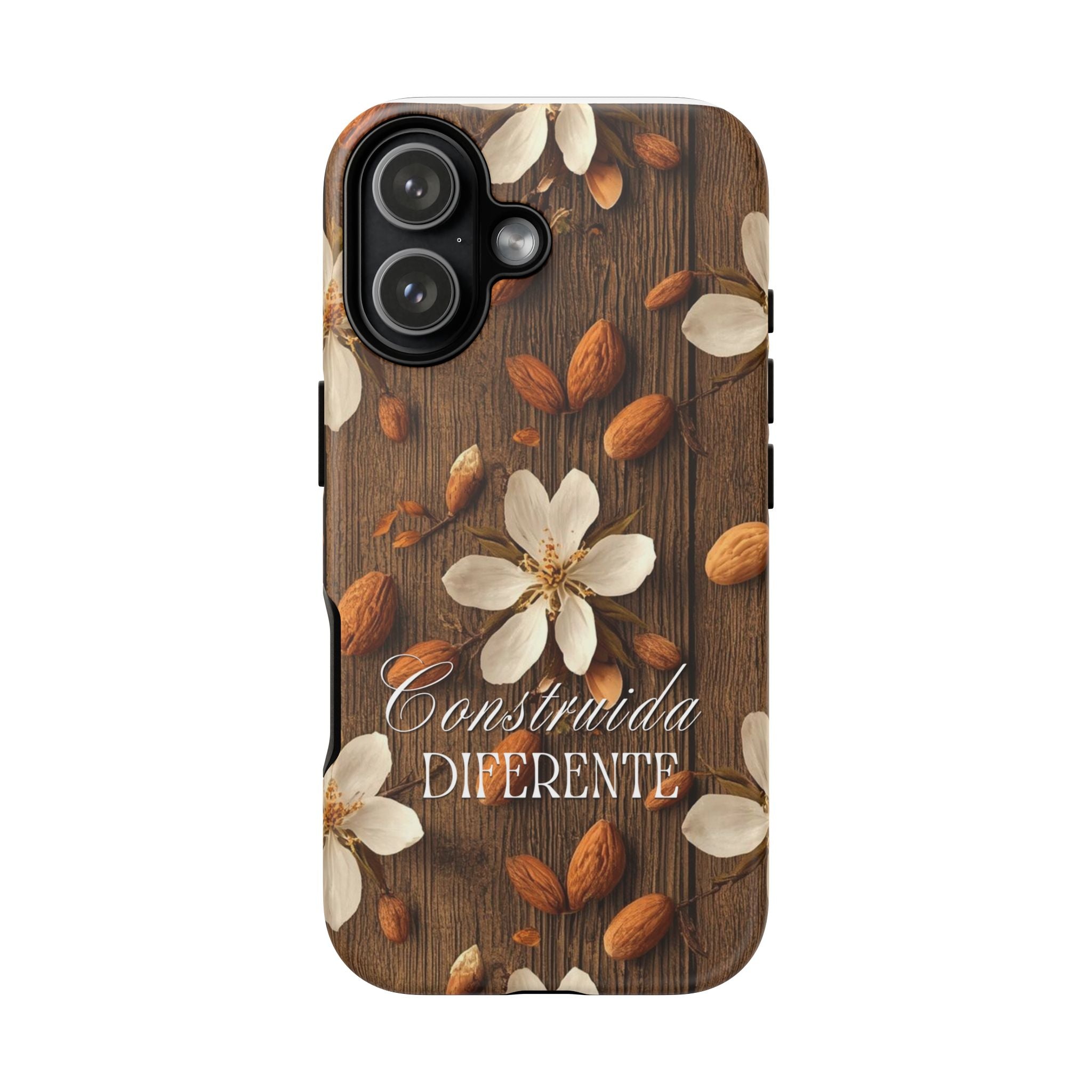 Phone Case — Floral Almond Wood Design with "Construida Diferente"