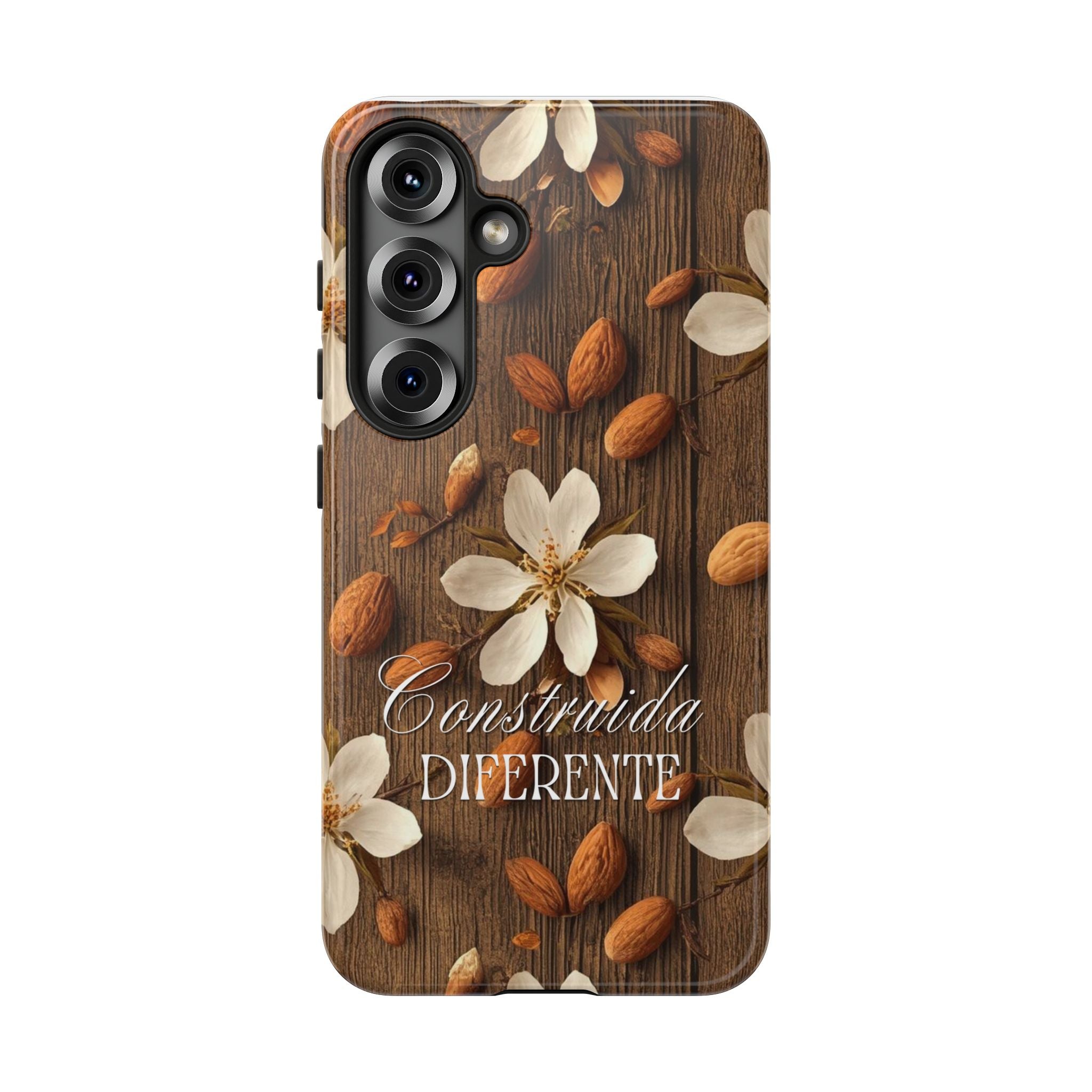 Phone Case — Floral Almond Wood Design with "Construida Diferente"