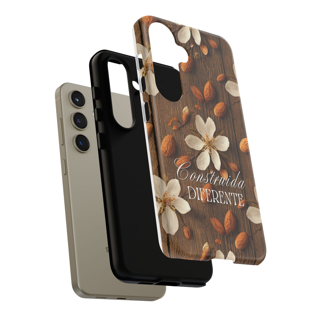 Phone Case — Floral Almond Wood Design with "Construida Diferente"
