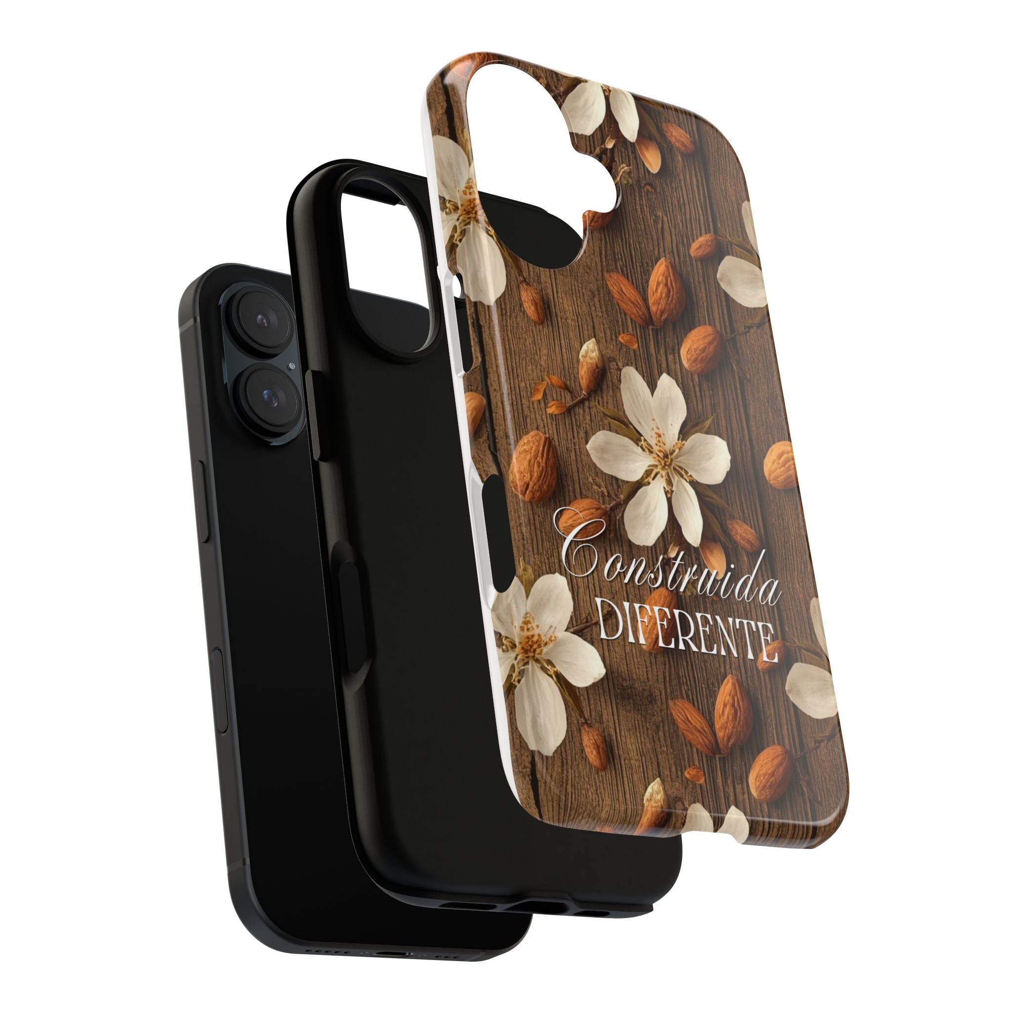 Phone Case — Floral Almond Wood Design with "Construida Diferente"