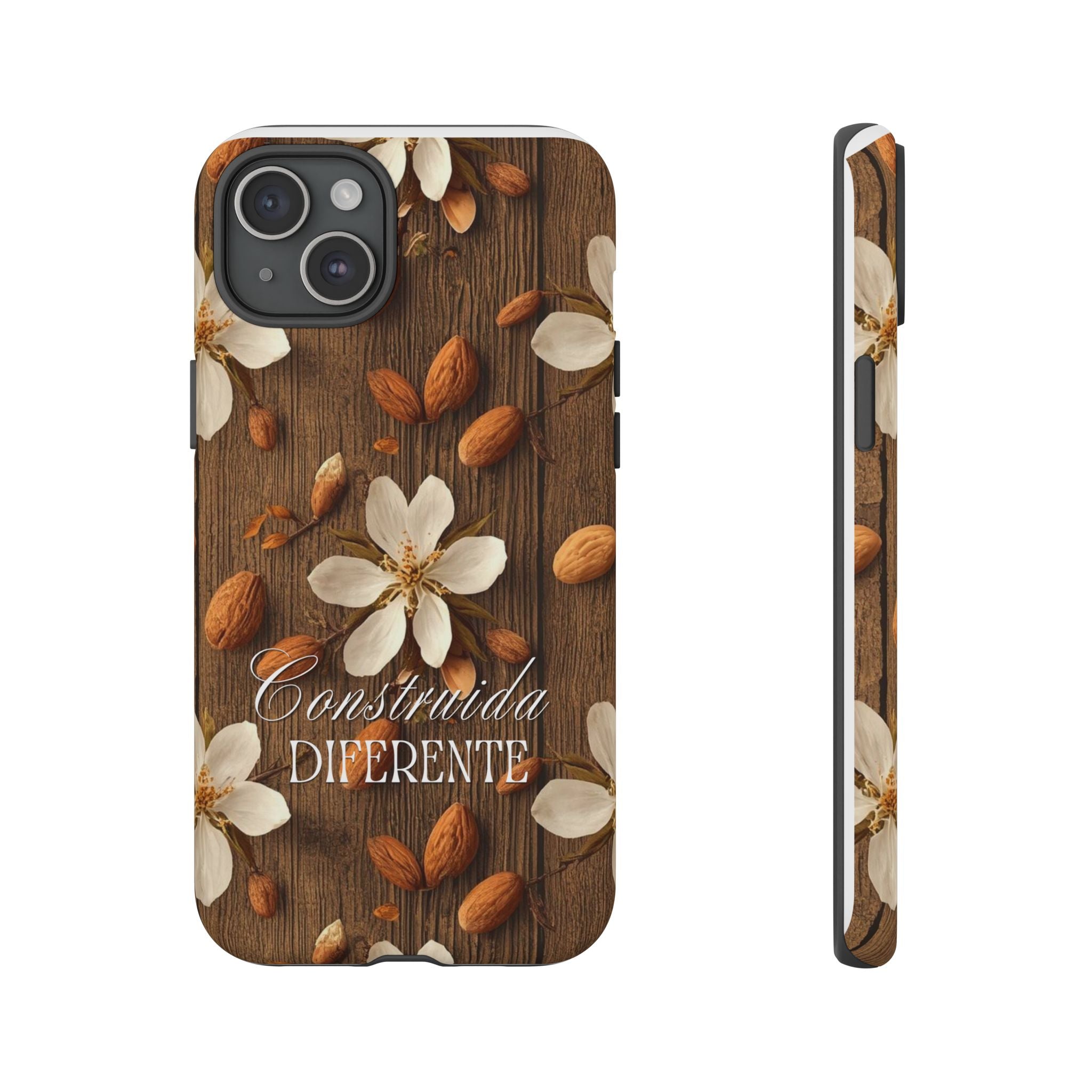 Phone Case — Floral Almond Wood Design with "Construida Diferente"