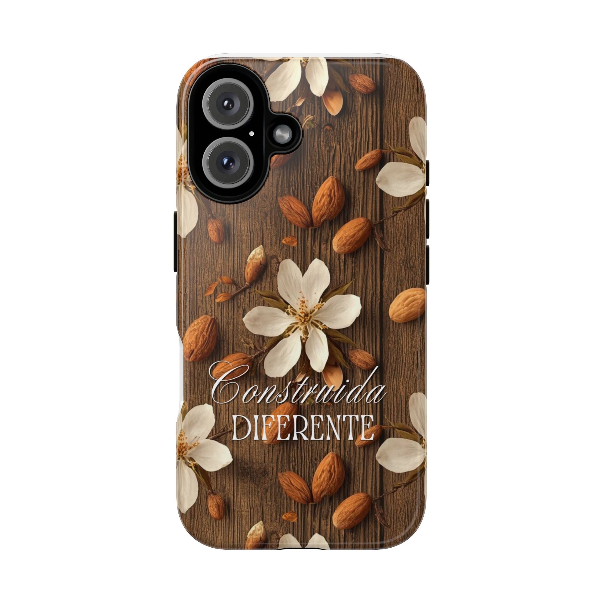 Phone Case — Floral Almond Wood Design with "Construida Diferente"