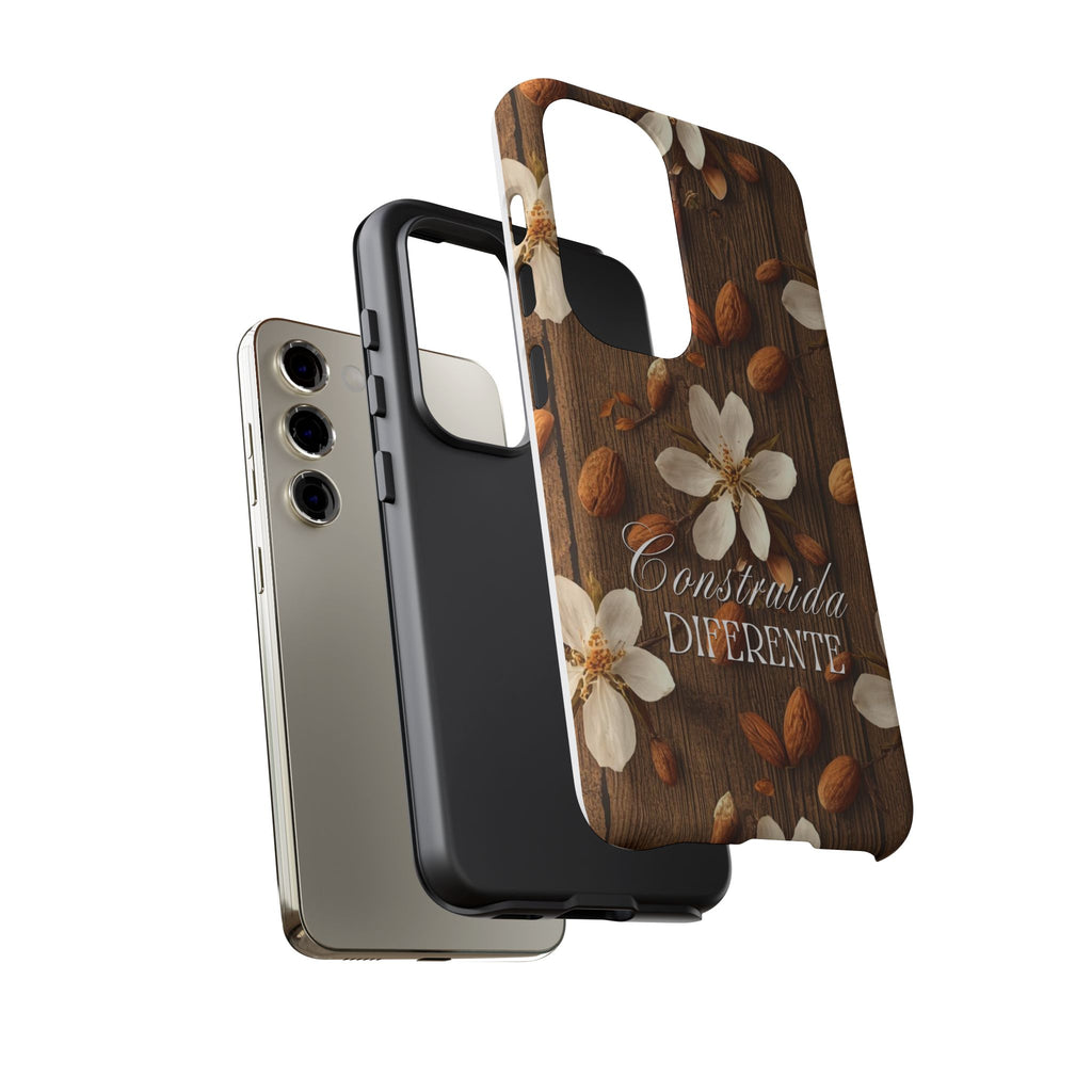 Phone Case — Floral Almond Wood Design with "Construida Diferente"