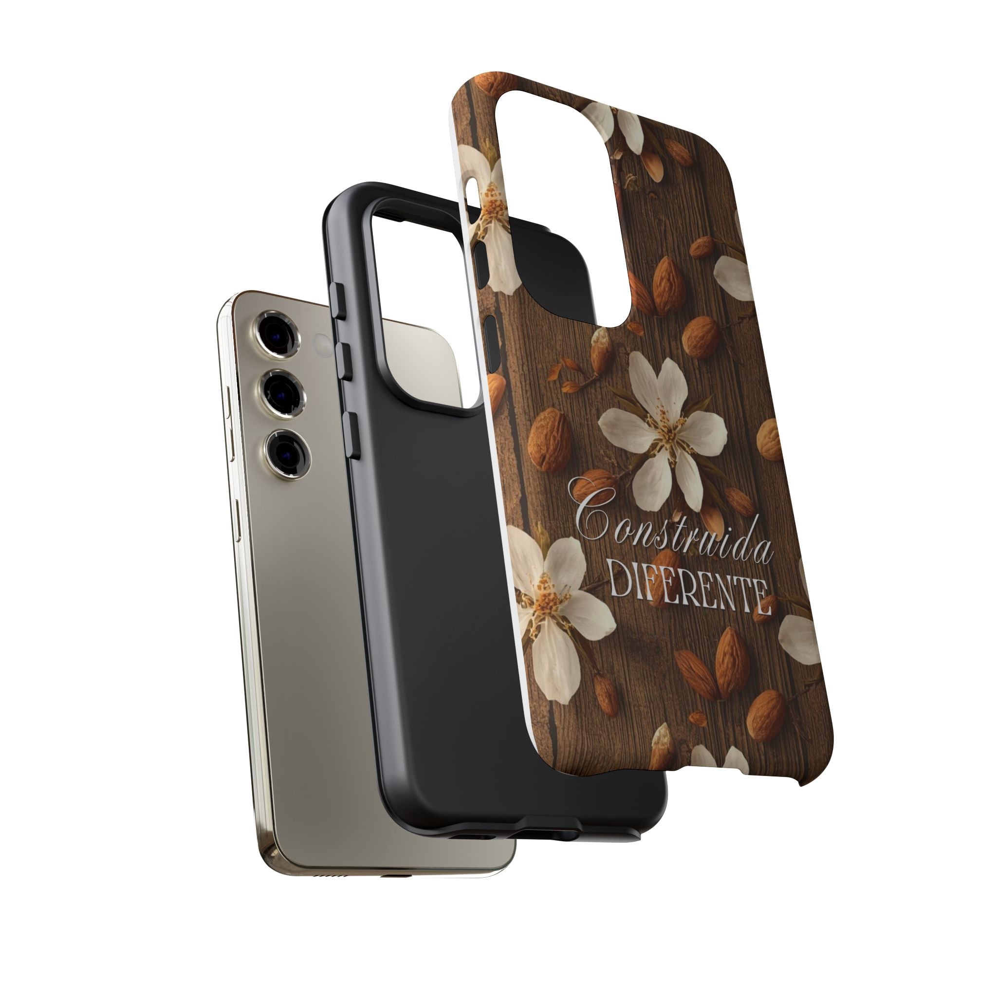 Phone Case — Floral Almond Wood Design with "Construida Diferente"